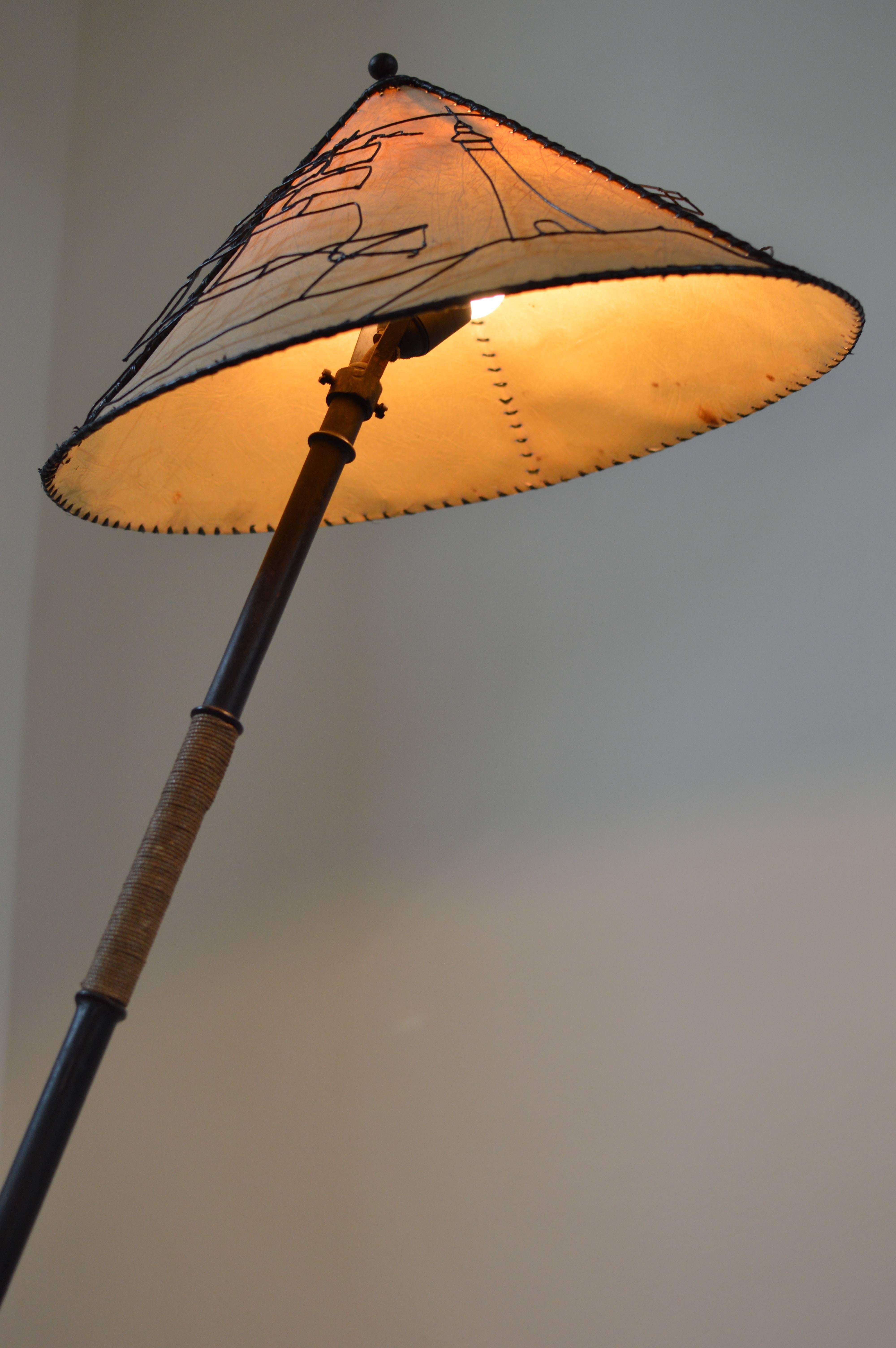 Mid-Century Modern Rope Wrapped Faux Bamboo Floor Lamp with 'Chinese Hat' - Attr. Jacques Adnet 