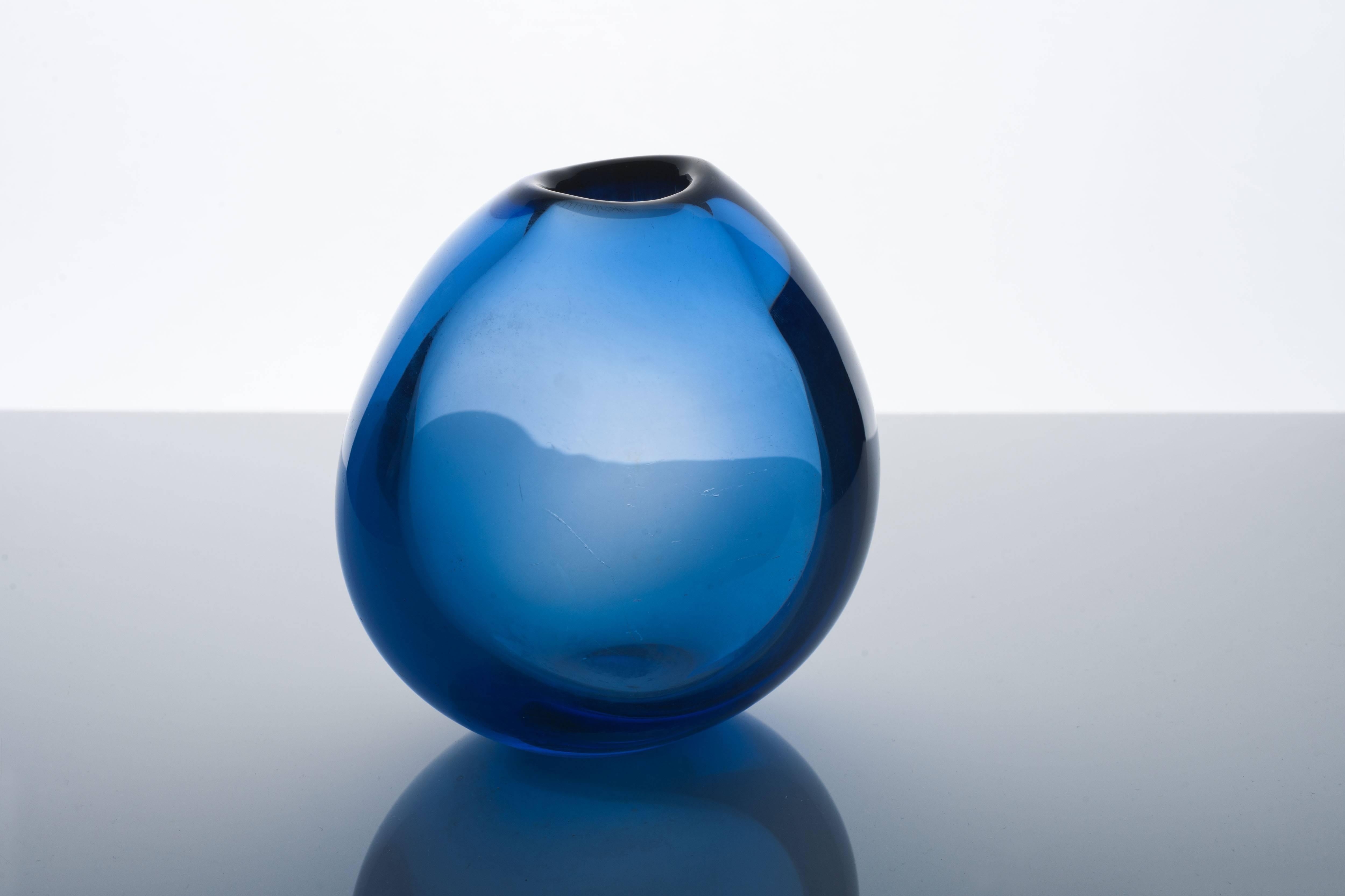 Mid-20th Century Sapphire Blue Mouth Blown Drop Vases by Per Lütken for Holmegaard, 1960s