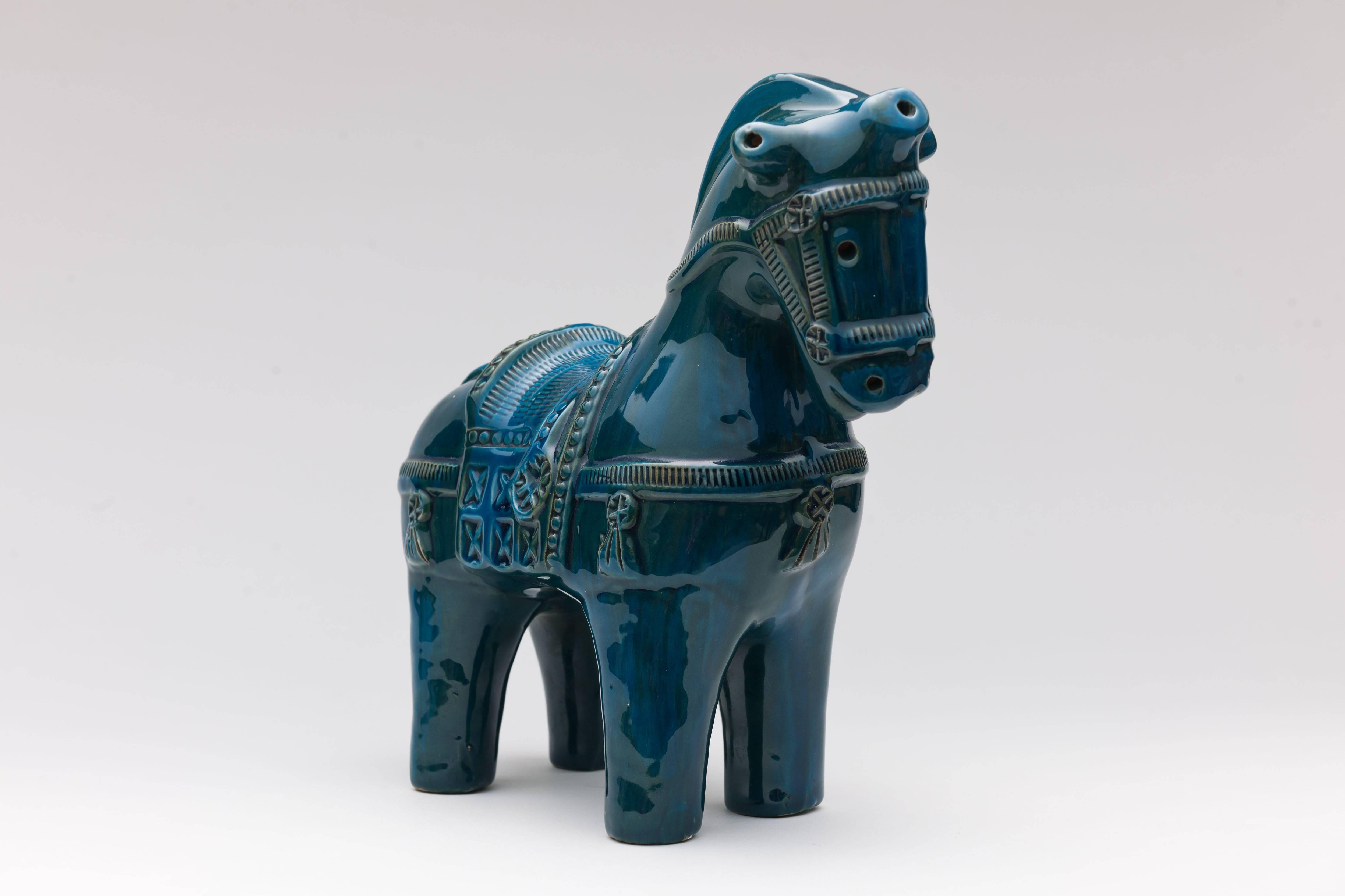 Italian Aldo Londi Bitossi Italy Petrol Blue Ceramic Horse