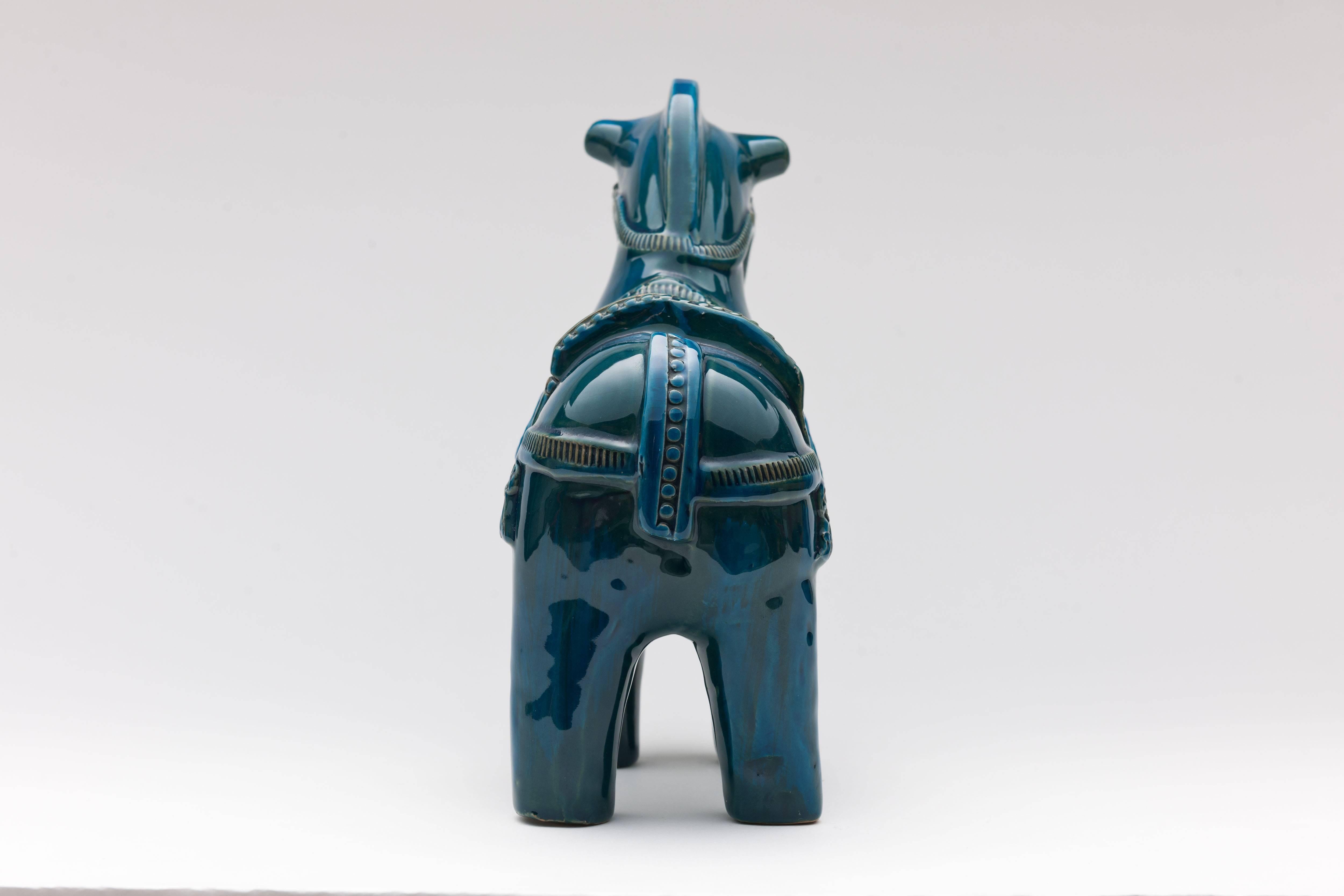 Aldo Londi Bitossi Italy Petrol Blue Ceramic Horse In Good Condition In Utrecht, NL