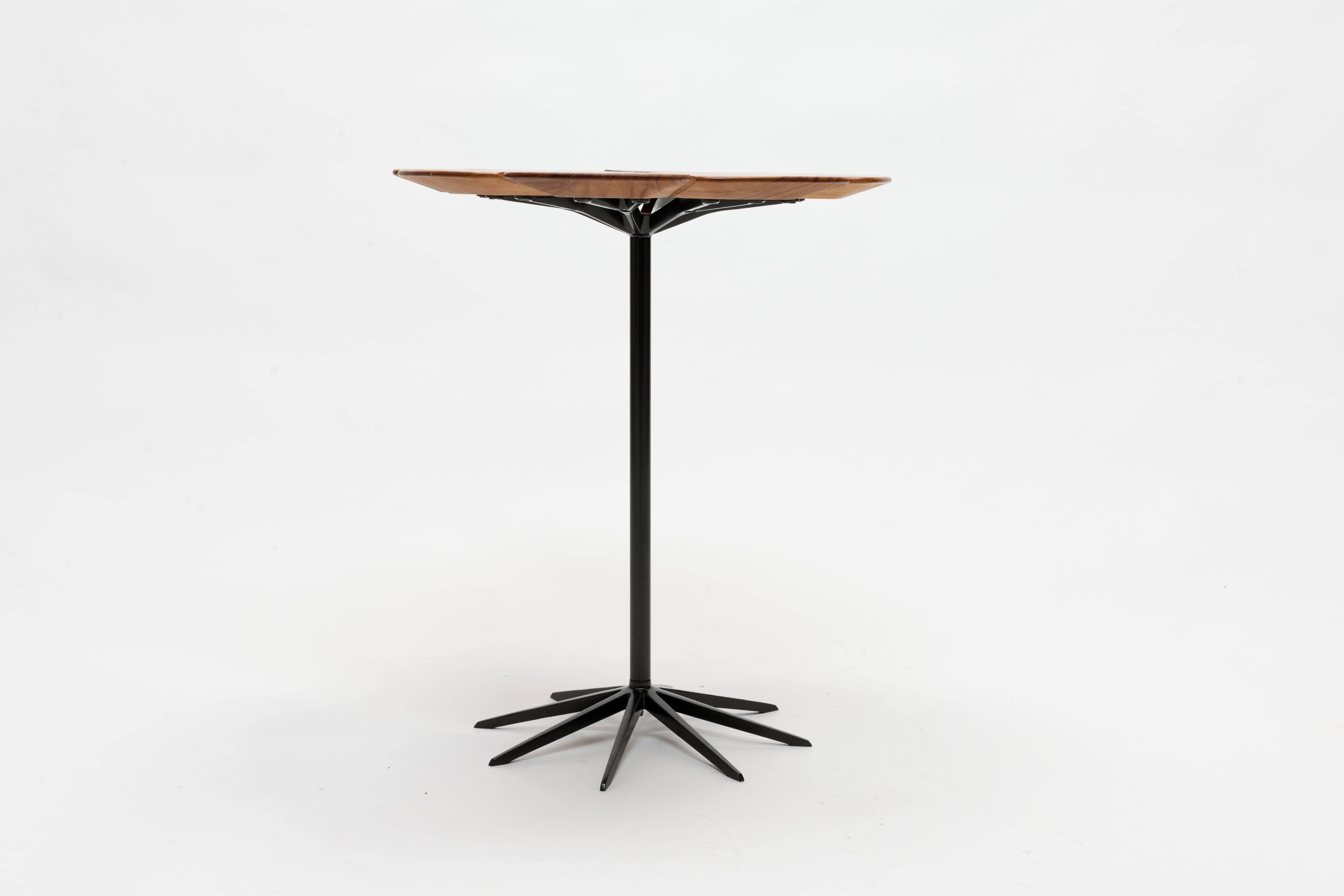 Side or end table with eight individual teak wood “petals”, each supported by its own branch, which stems from the original steel and aluminum base. A whimsical yet highly functional refined design that was originally designed for outdoor purpose