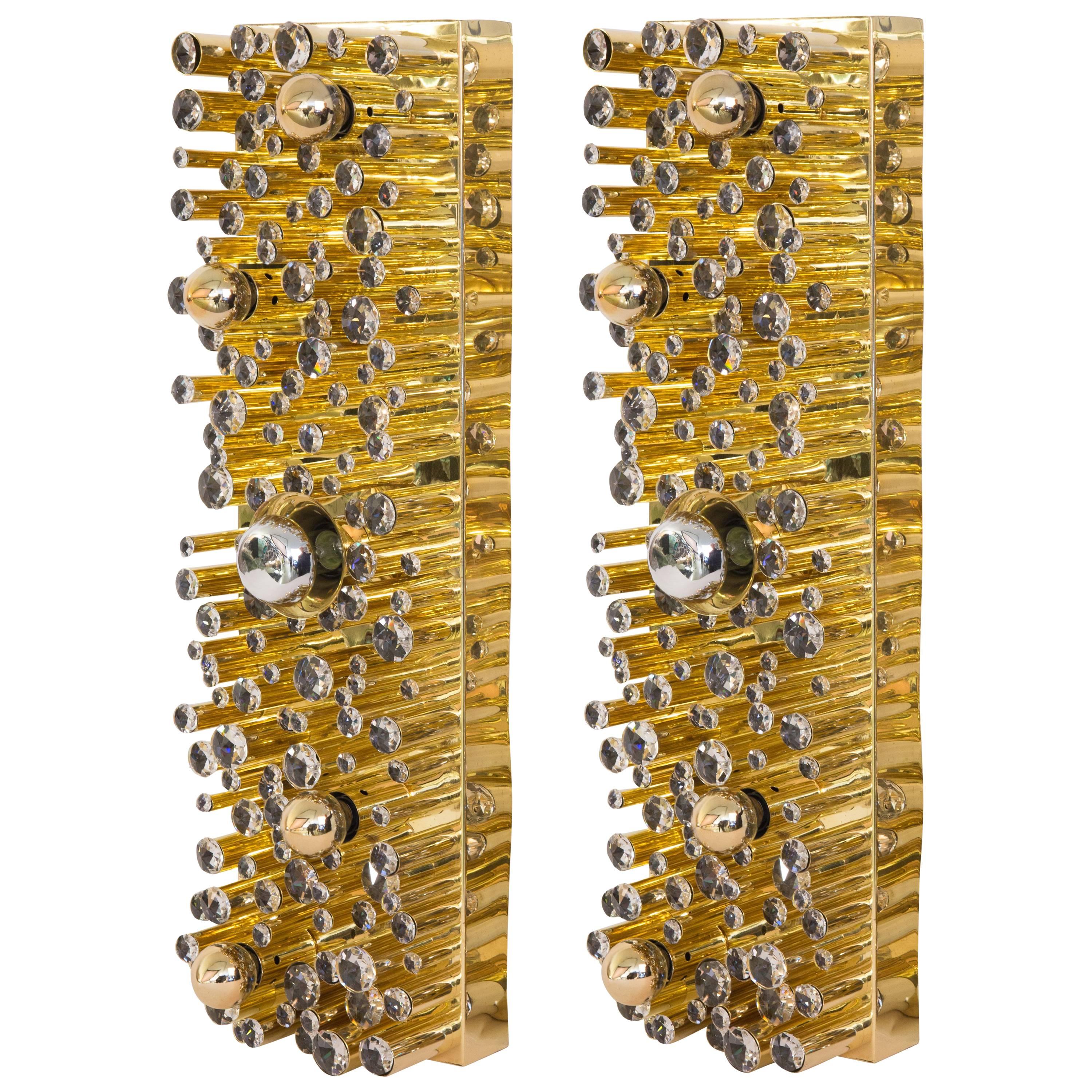 Pair of CRYSTAL BRASS WALL LIGHTS in the style of Ernst Palme