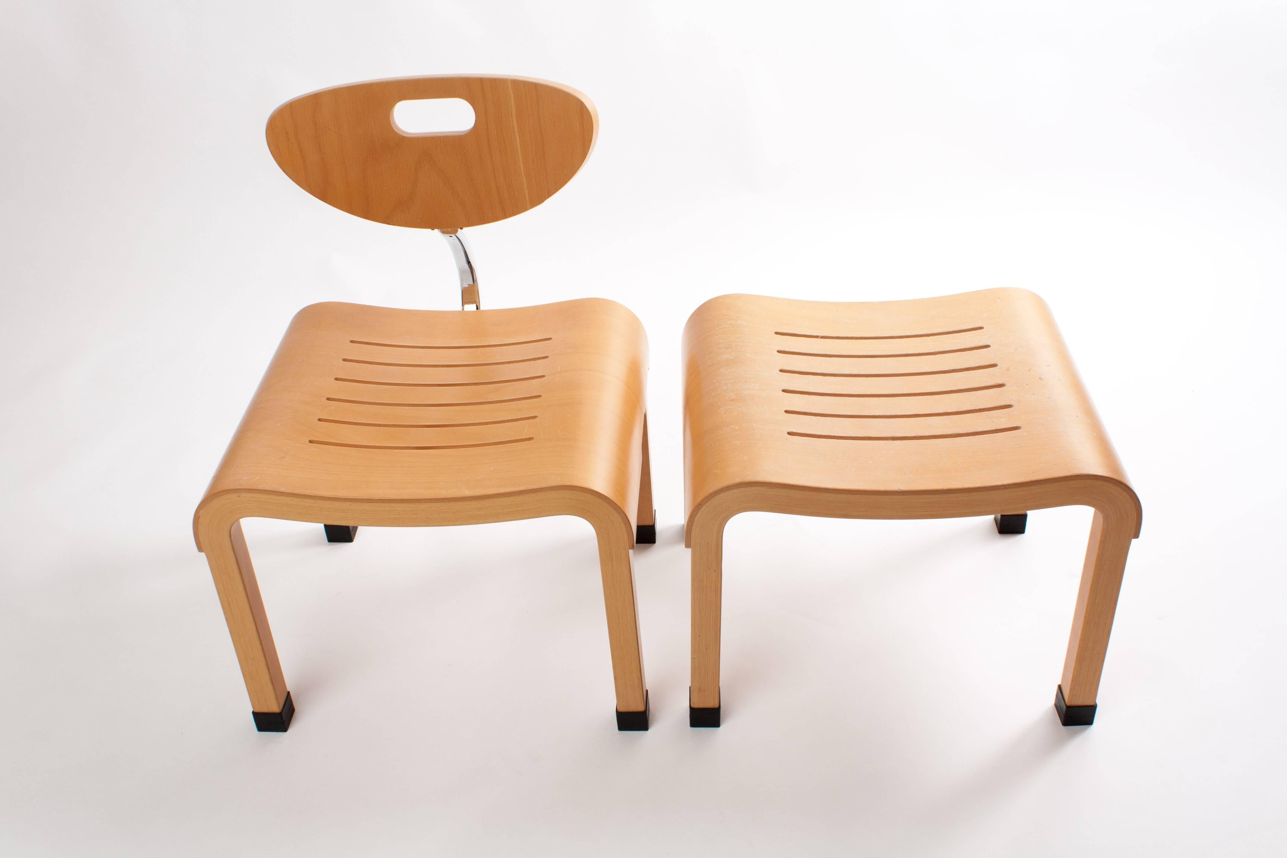 Ruud Jan Kokke. A chair and footstool of Dutch designer Ruud-Jan Kokke. The chair and footstool are made from bended wood. The chair is 79cm height, 57cm width and 55cm deep. The sitting height is 44cm. The footstool is is also 44cm height. The