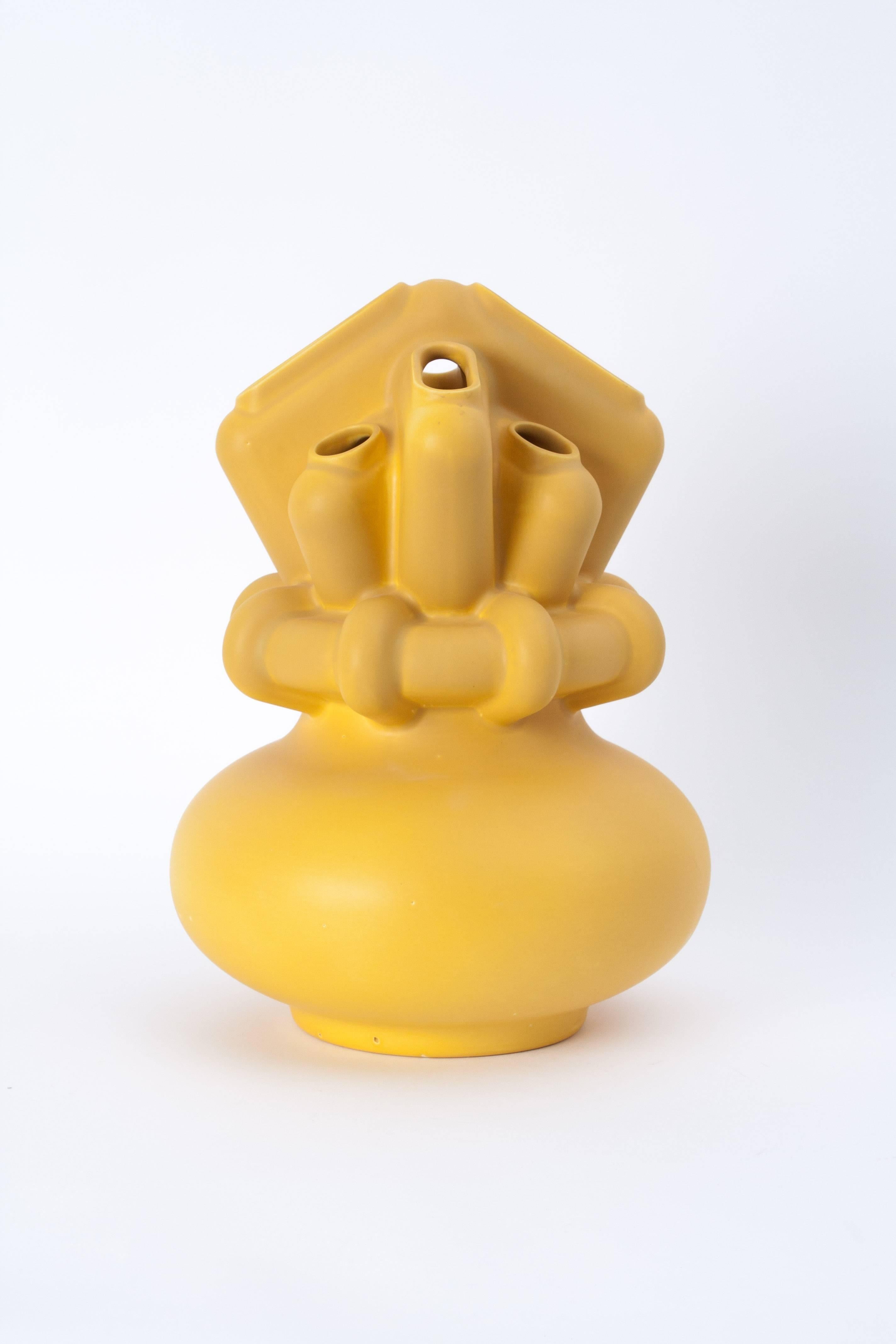 RODERICK VOS for COR UNUM . Vase sunflower coloured designed by Dutch designer Roderick Vos. Manufactured by Cor Unum in a social company. This colour is unique. Prototype. One produced. The style is mechanic organic, robot sculpture. Prototype in