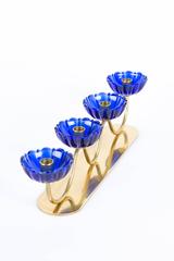 Gunnar Ander Candleholder Blue Art Glass Flower Set, Brass, Ystad Metall