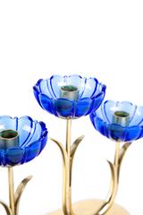 GUNNAR ANDER BLUE CANDLE HOLDER.  Blue Art Glass Flower Set in Brass Sweden