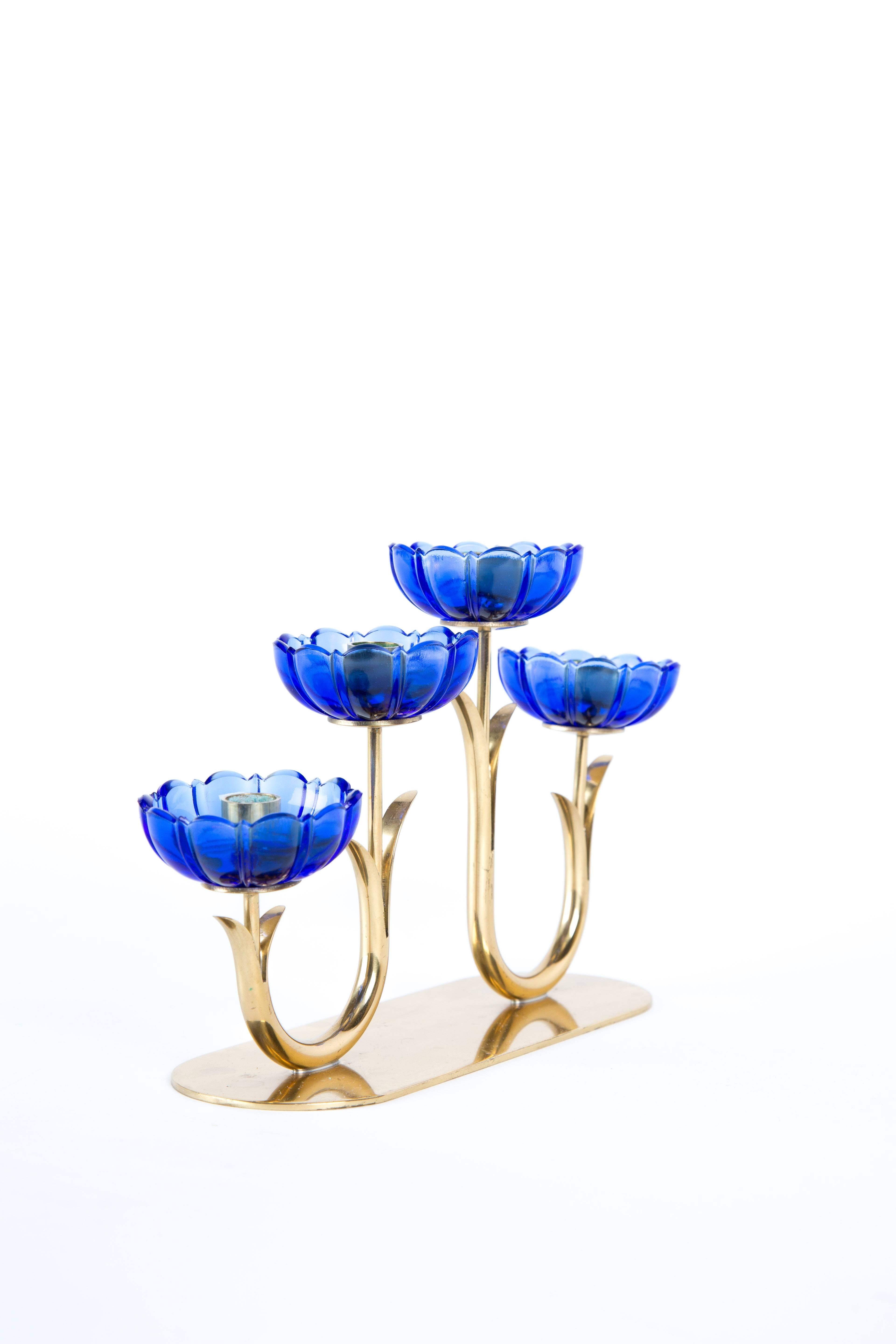 Scandinavian Modern GUNNAR ANDER BLUE CANDLE HOLDER.  Blue Art Glass Flower Set in Brass Sweden For Sale