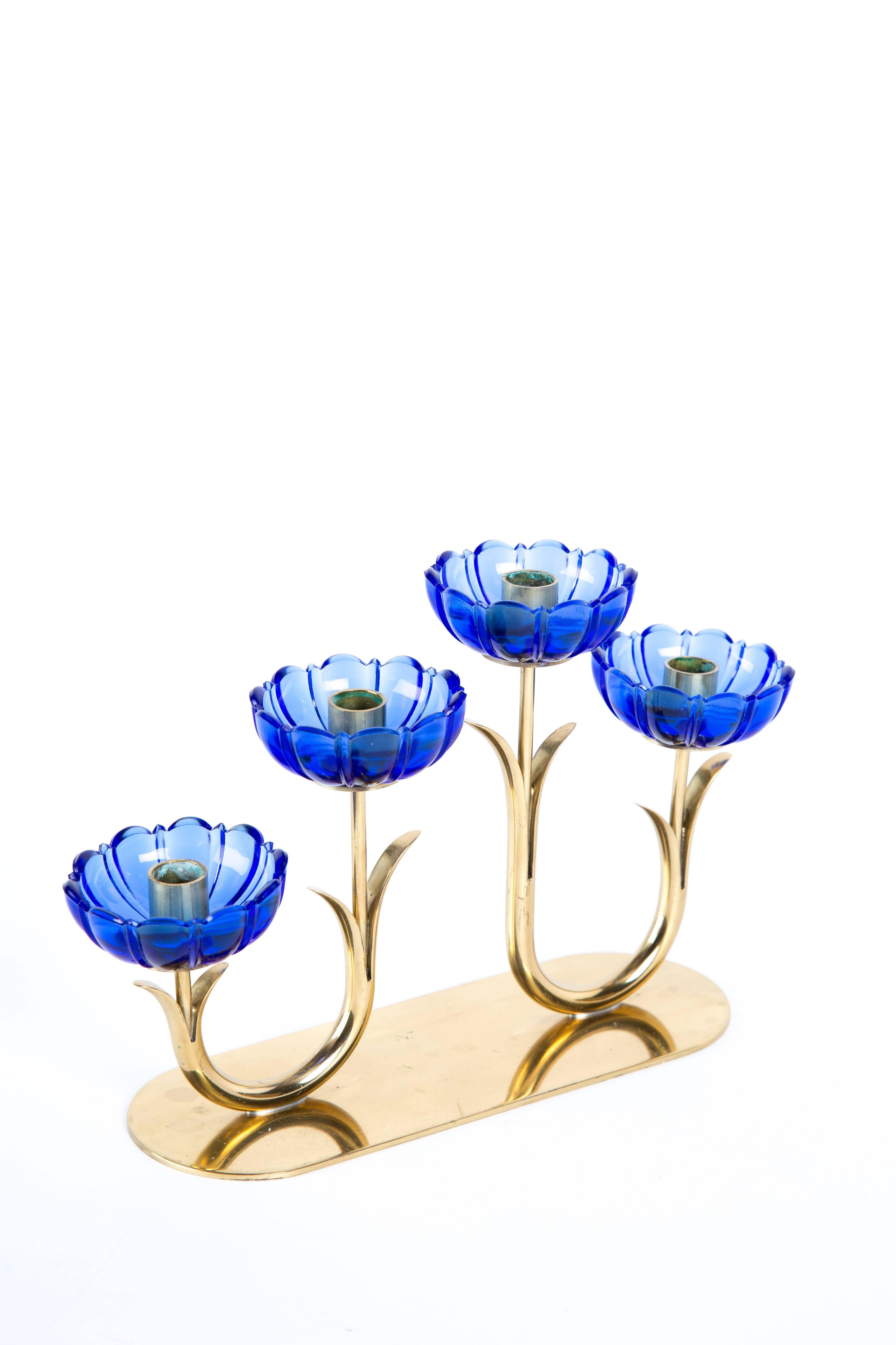 Swedish GUNNAR ANDER BLUE CANDLE HOLDER.  Blue Art Glass Flower Set in Brass Sweden For Sale