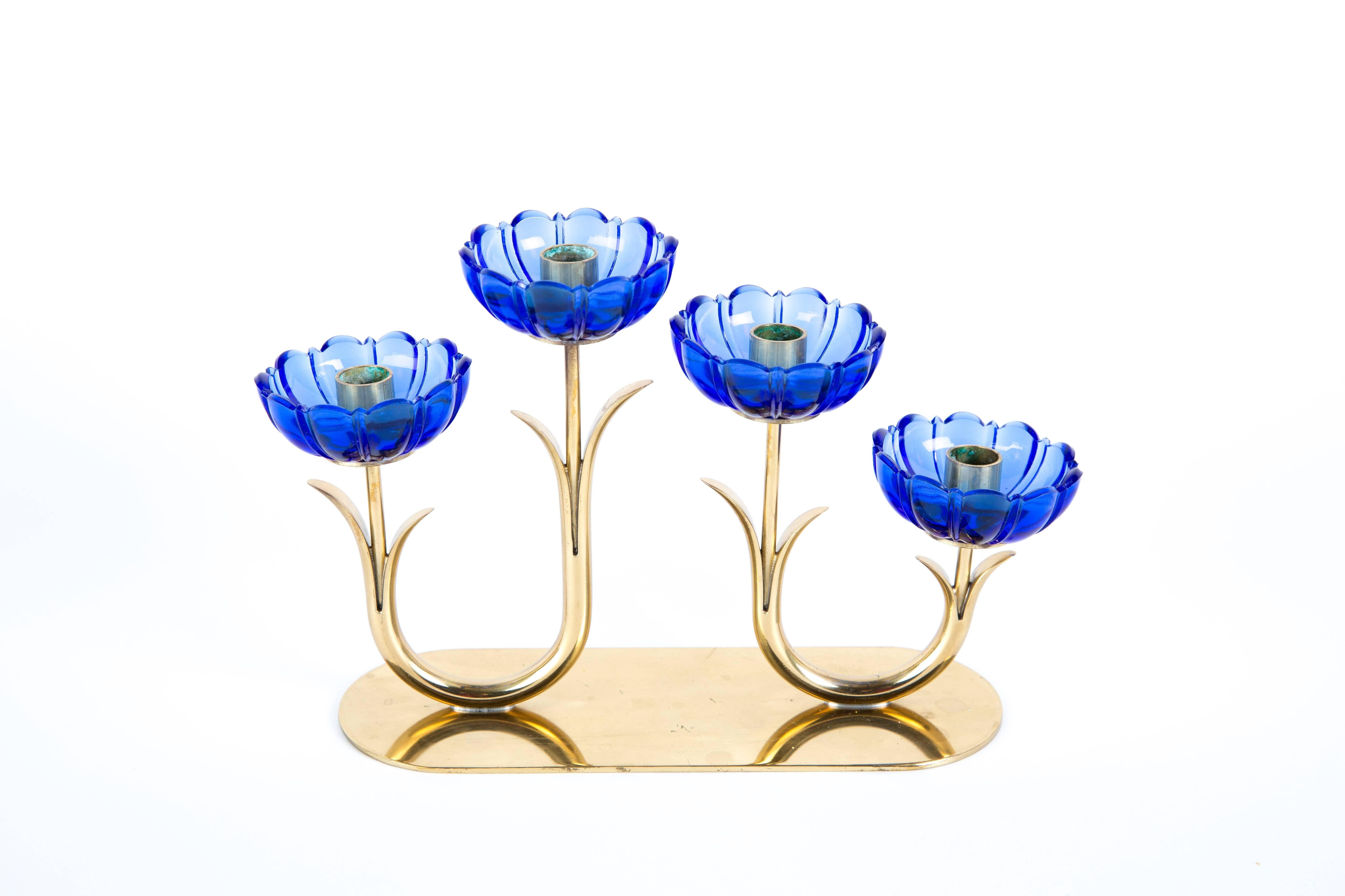 20th Century GUNNAR ANDER BLUE CANDLE HOLDER.  Blue Art Glass Flower Set in Brass Sweden For Sale