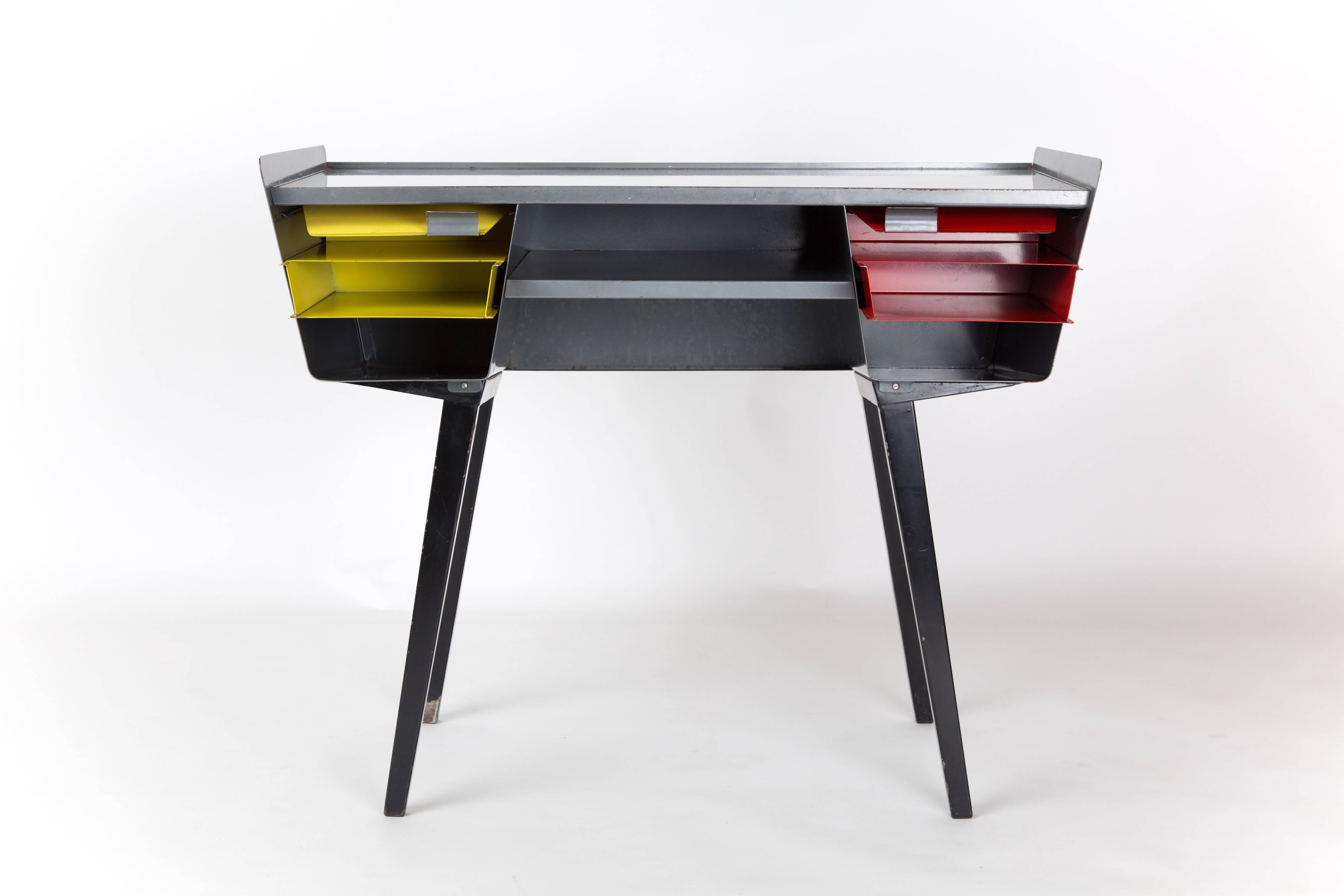 PROUVE STYLE METAL DESK with drawers in happy colors,  Vd Meeren Style For Sale 1