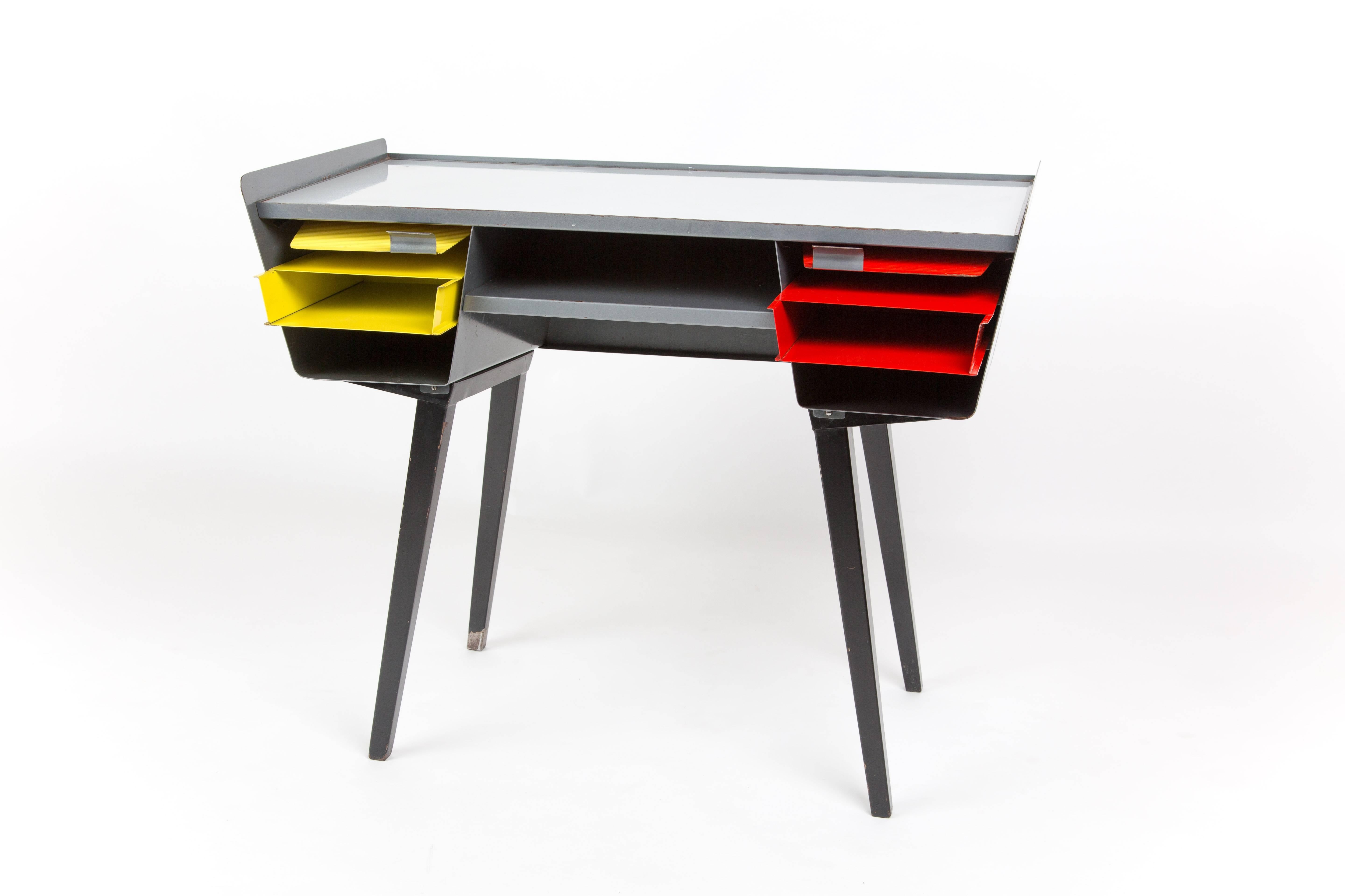 PROUVE STYLE METAL DESK with drawers in happy colors,  Vd Meeren Style For Sale 2