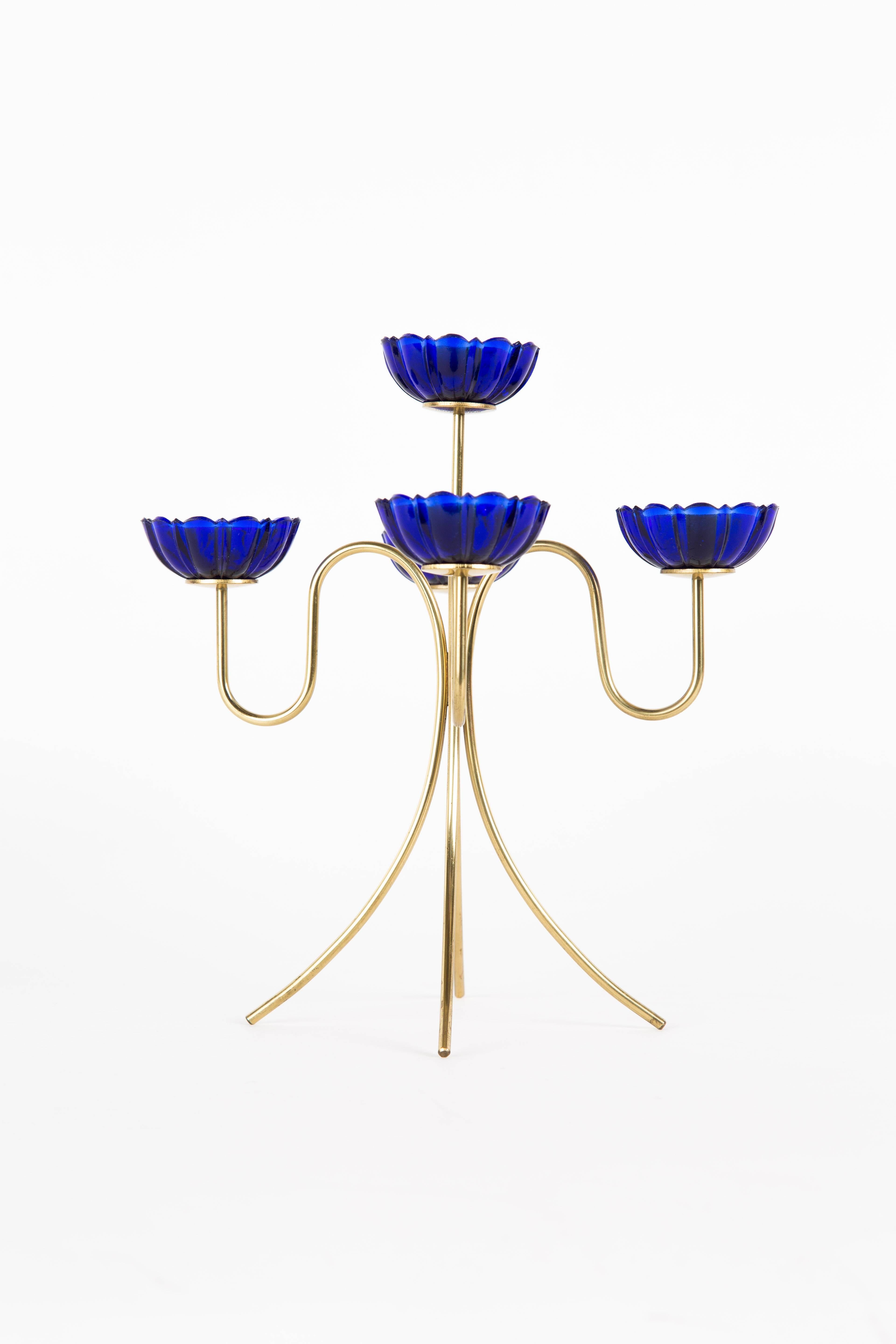GUNNAR ANDER CANDLE HOLDER for Ystad Metall with brass and artglas in blue In Good Condition For Sale In LA Arnhem, NL