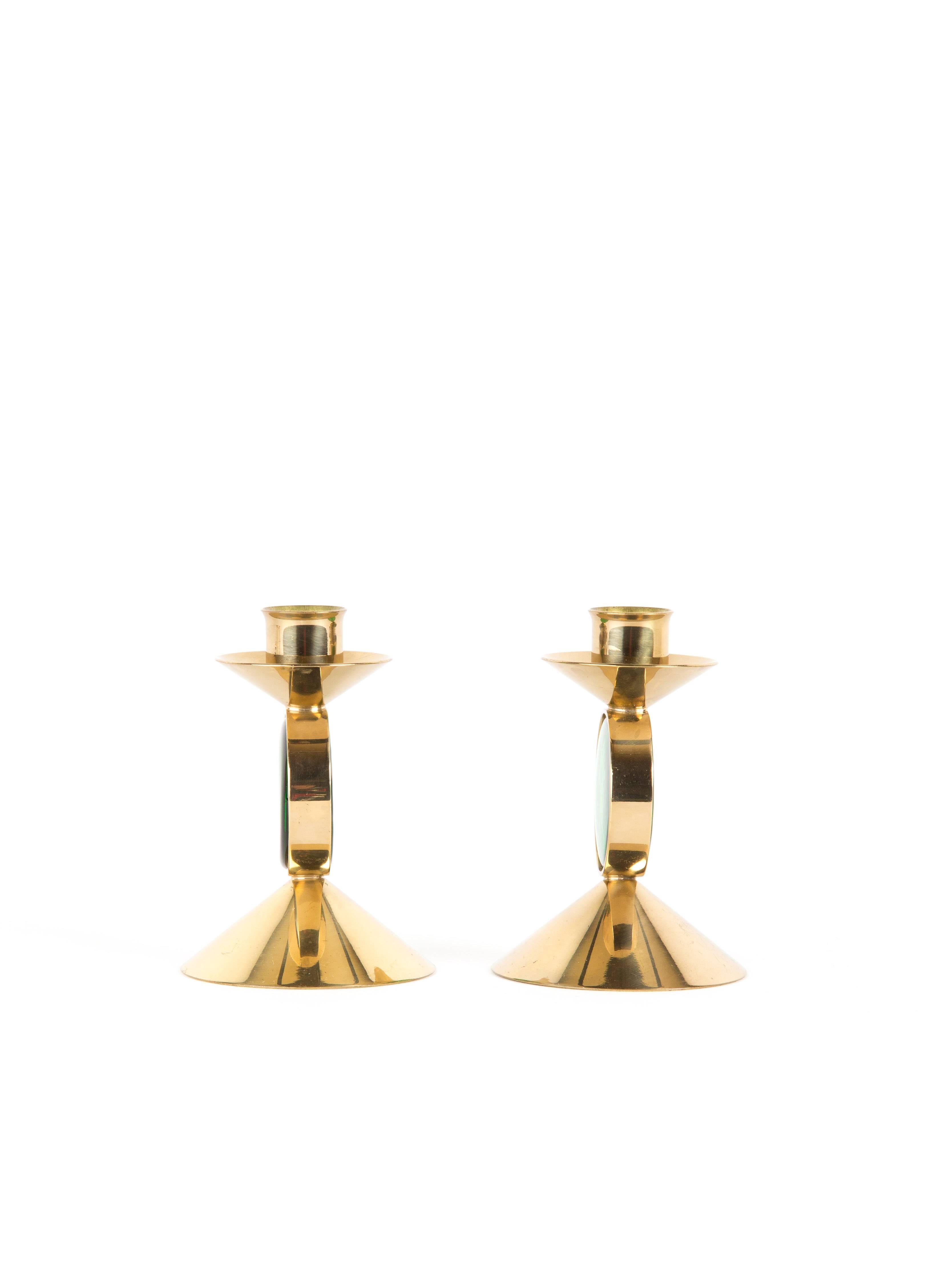 Scandinavian Modern  Set of GREEN GUNNAR ANDER candle holders for Ystad-Metall  in Brass