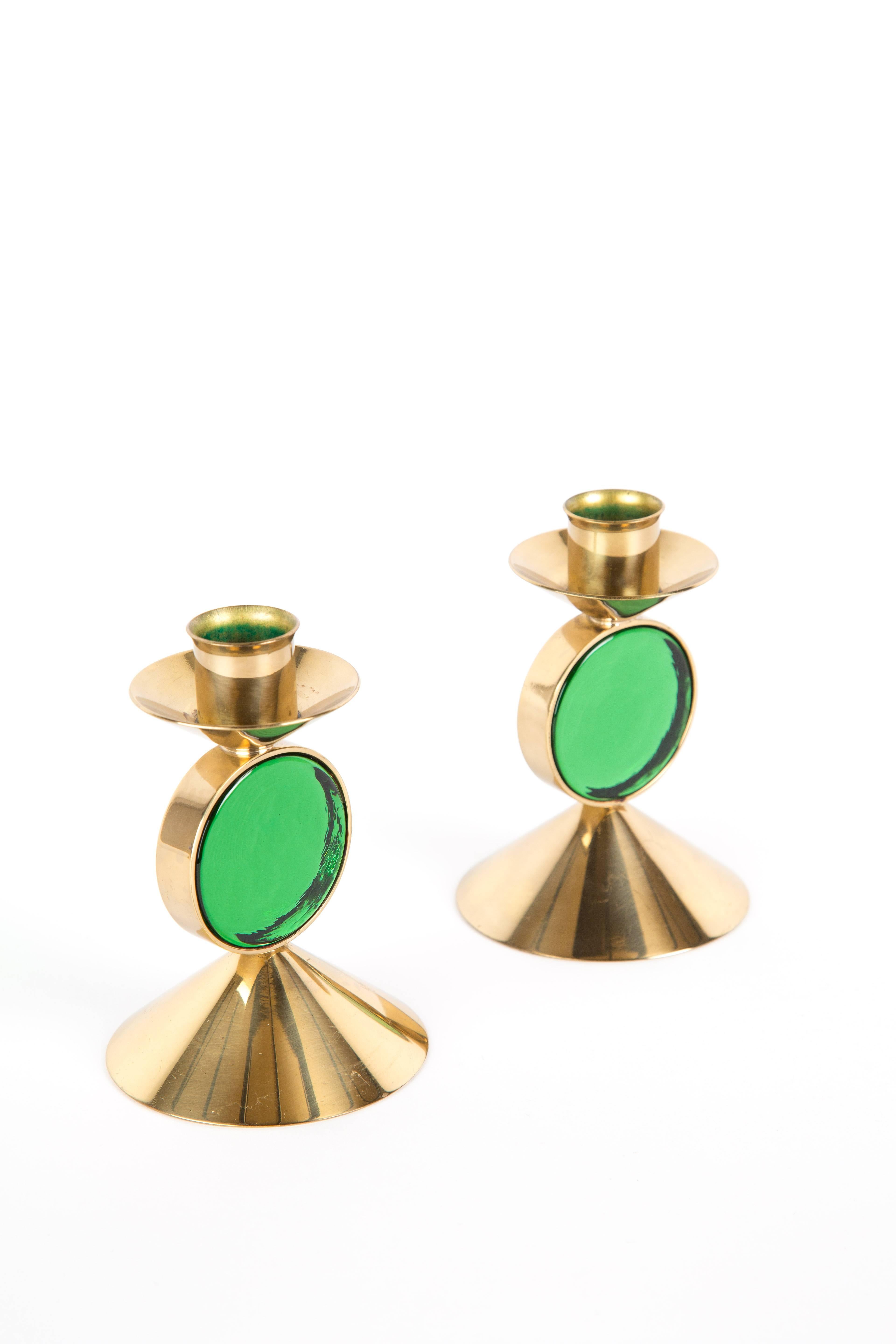  Set of GREEN GUNNAR ANDER candle holders for Ystad-Metall  in Brass In Good Condition In LA Arnhem, NL