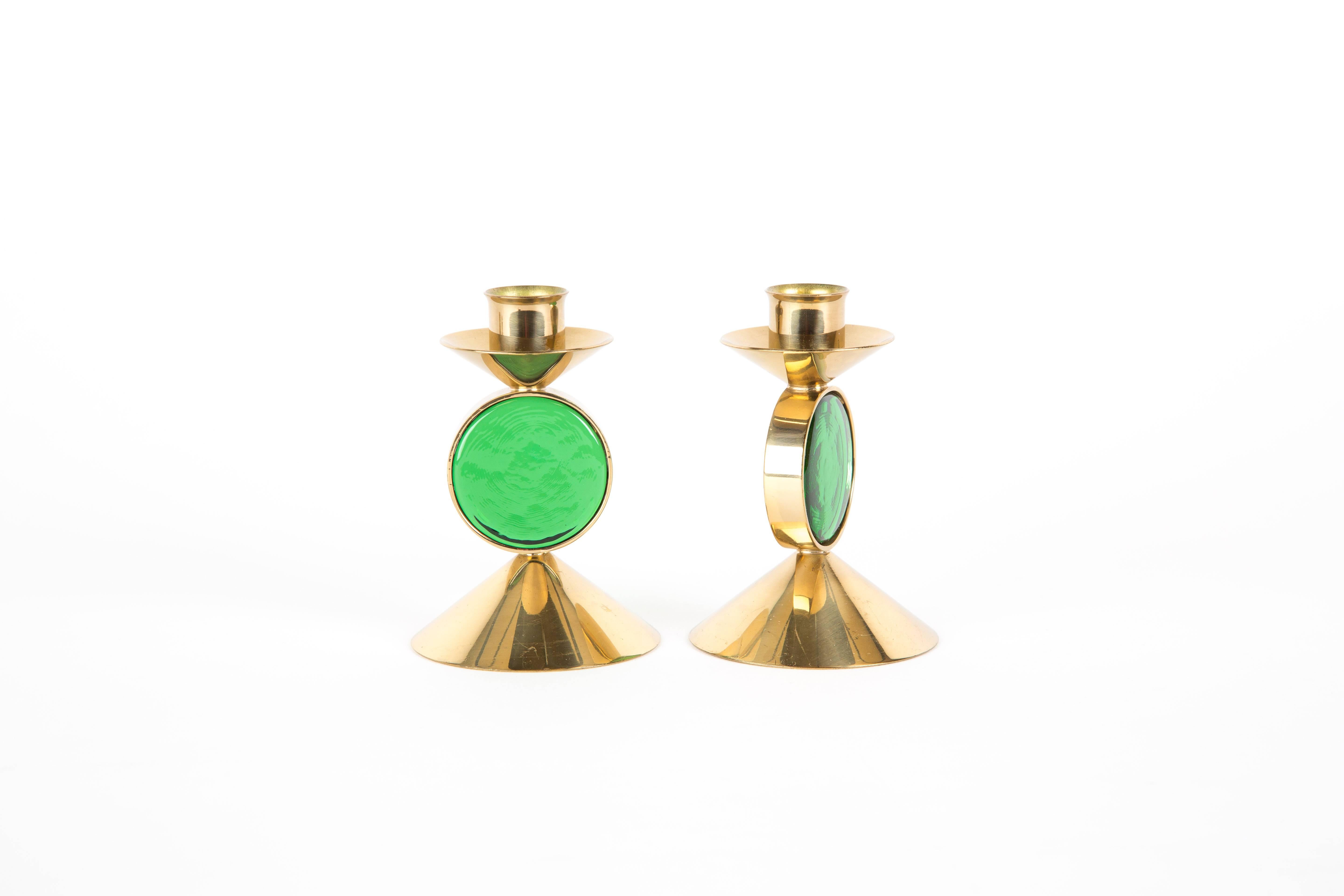20th Century  Set of GREEN GUNNAR ANDER candle holders for Ystad-Metall  in Brass