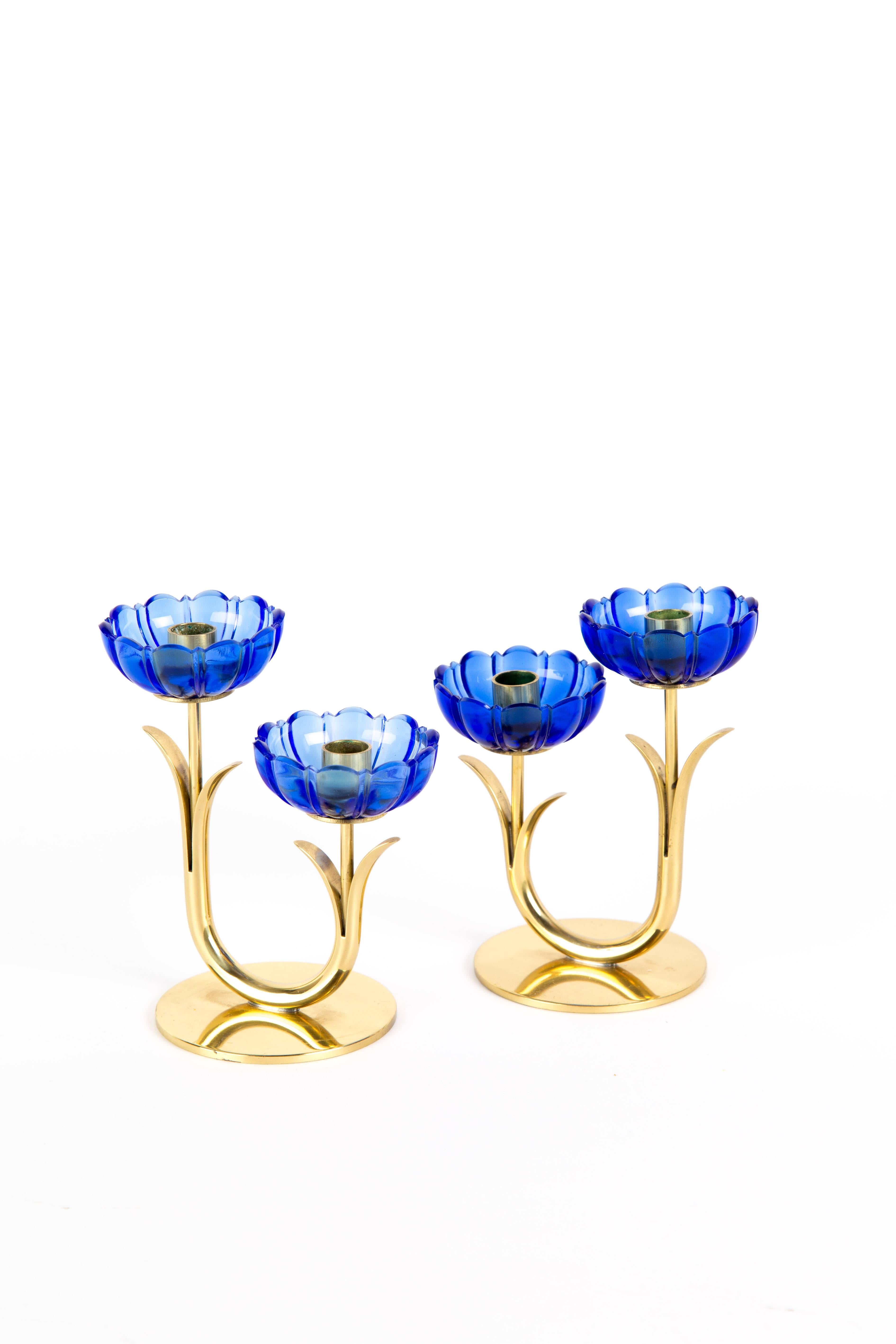 Scandinavian Modern GUNNAR ANDER CANDLE HOLDERS Sweden for Ystad Metall, blue flower  with brass For Sale