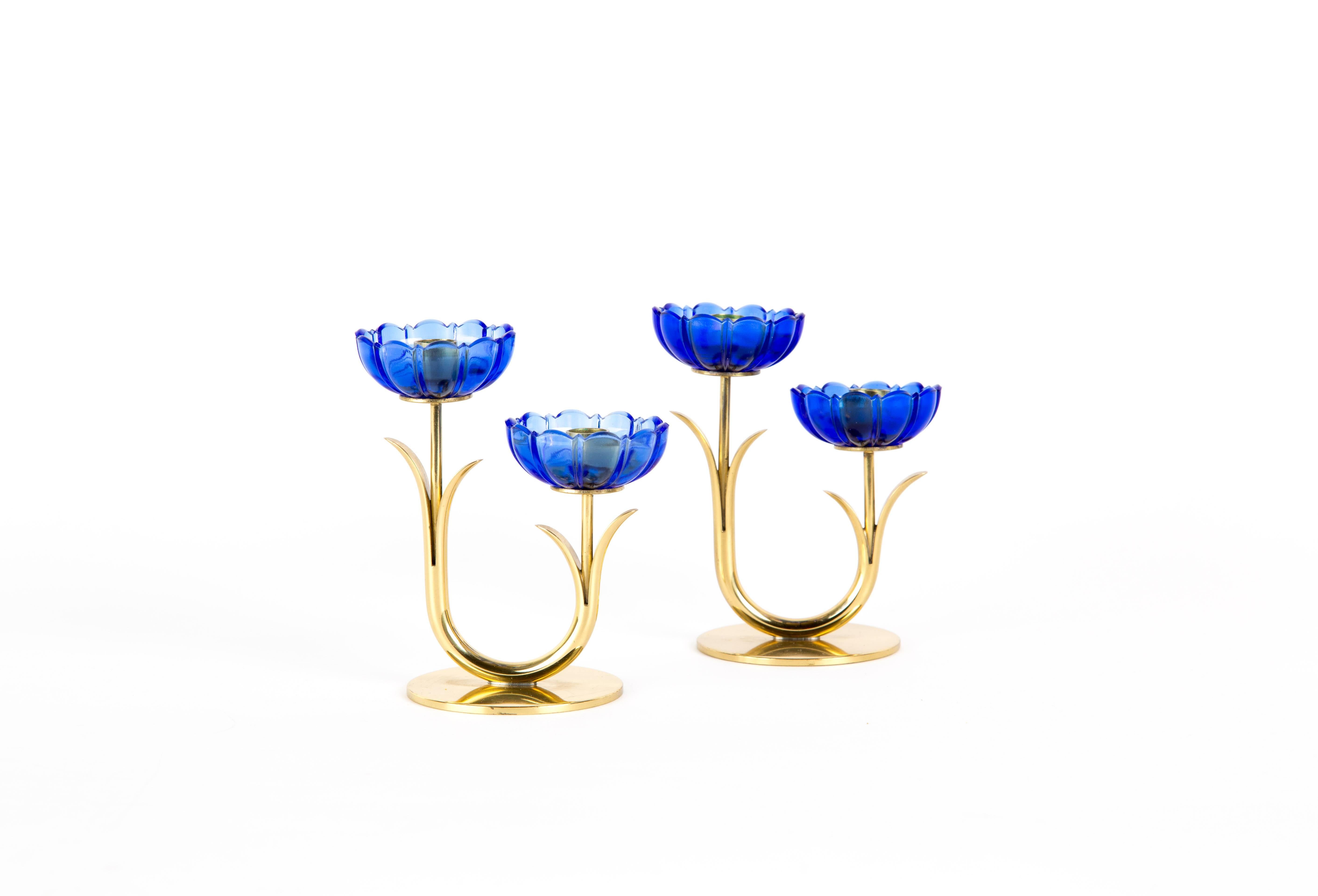 Swedish GUNNAR ANDER CANDLE HOLDERS Sweden for Ystad Metall, blue flower  with brass For Sale