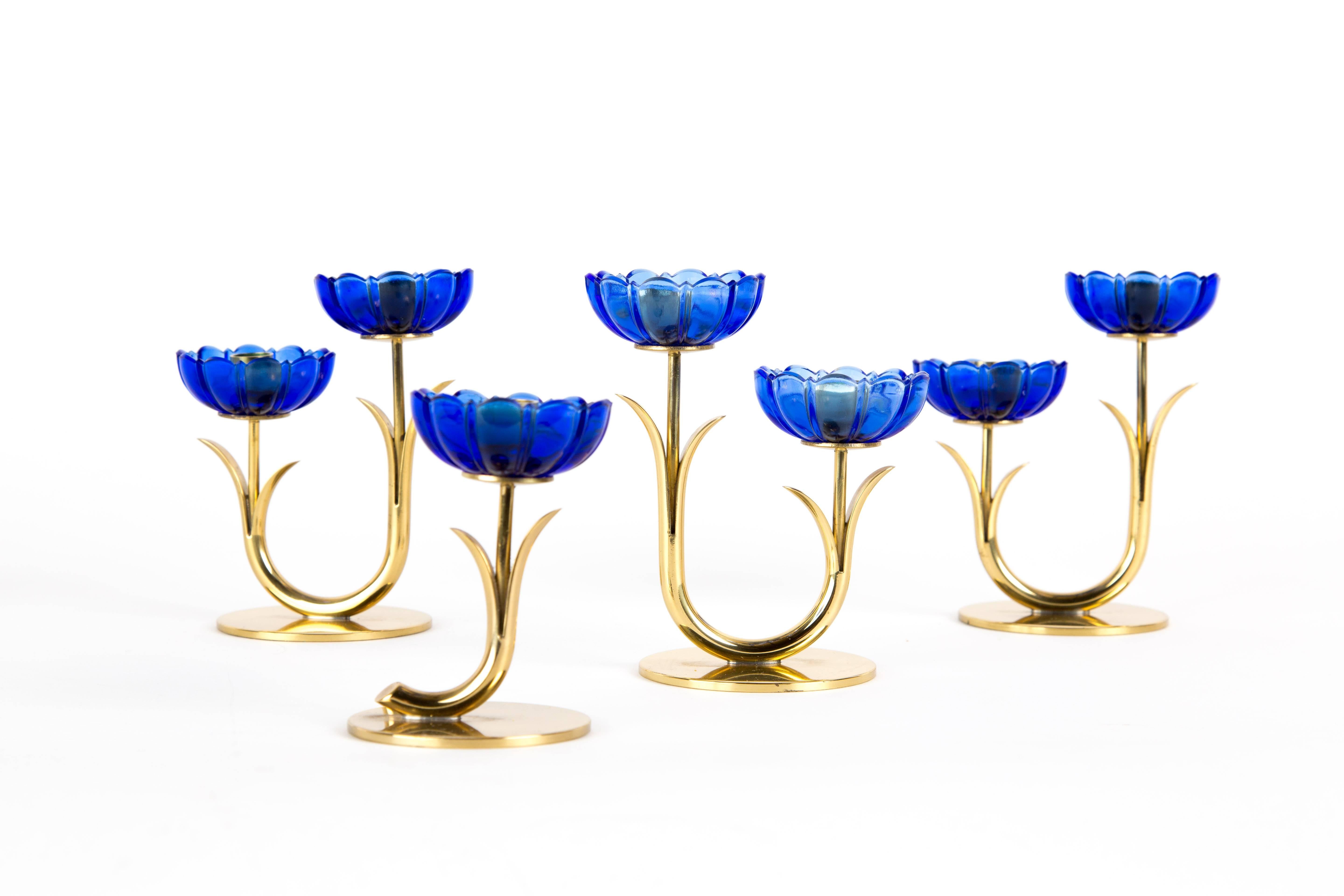 20th Century GUNNAR ANDER CANDLE HOLDERS Sweden for Ystad Metall, blue flower  with brass For Sale