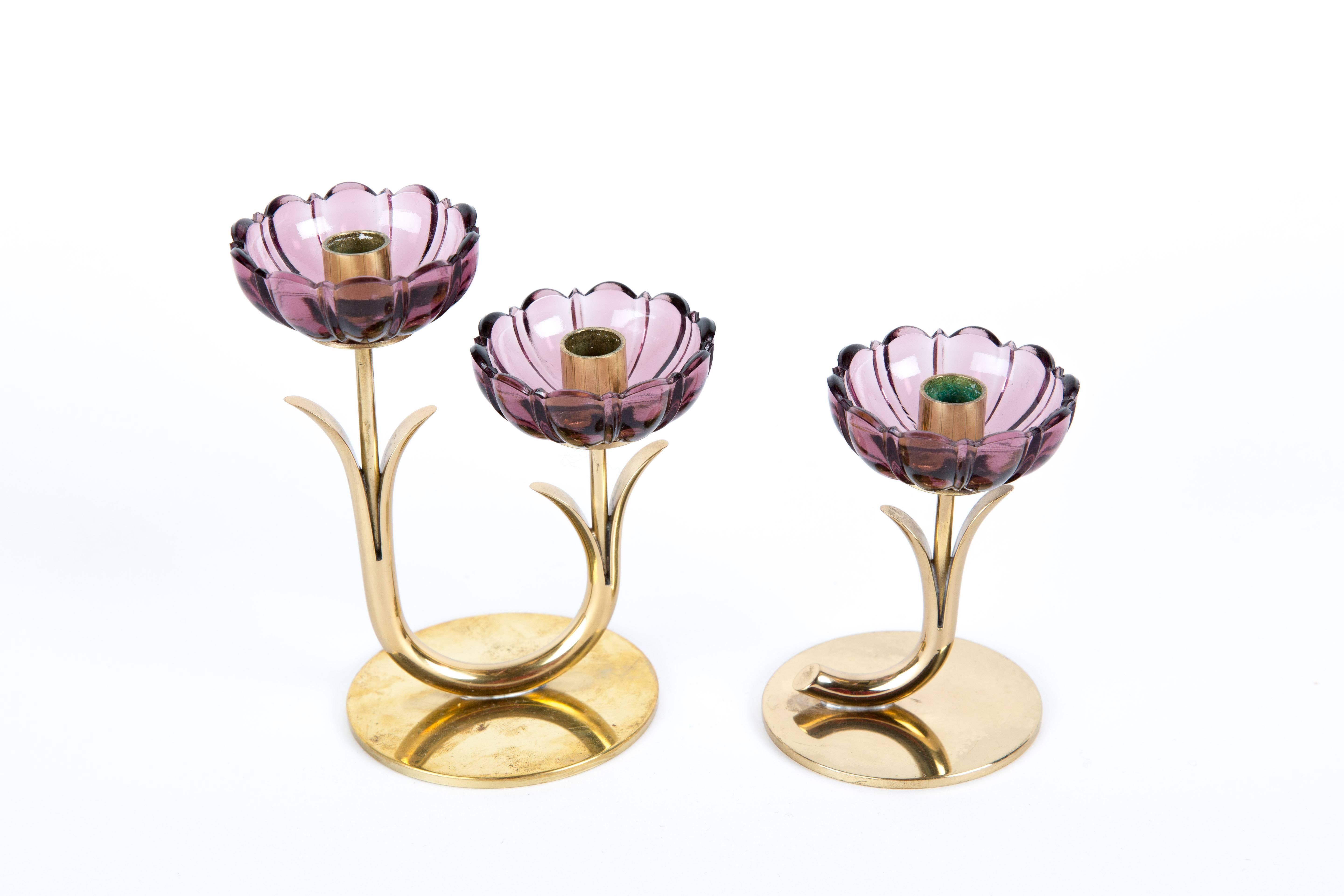Scandinavian Modern Set of Two Gunnar Ander for Ystad Metal Candleholders Flowers in Brass