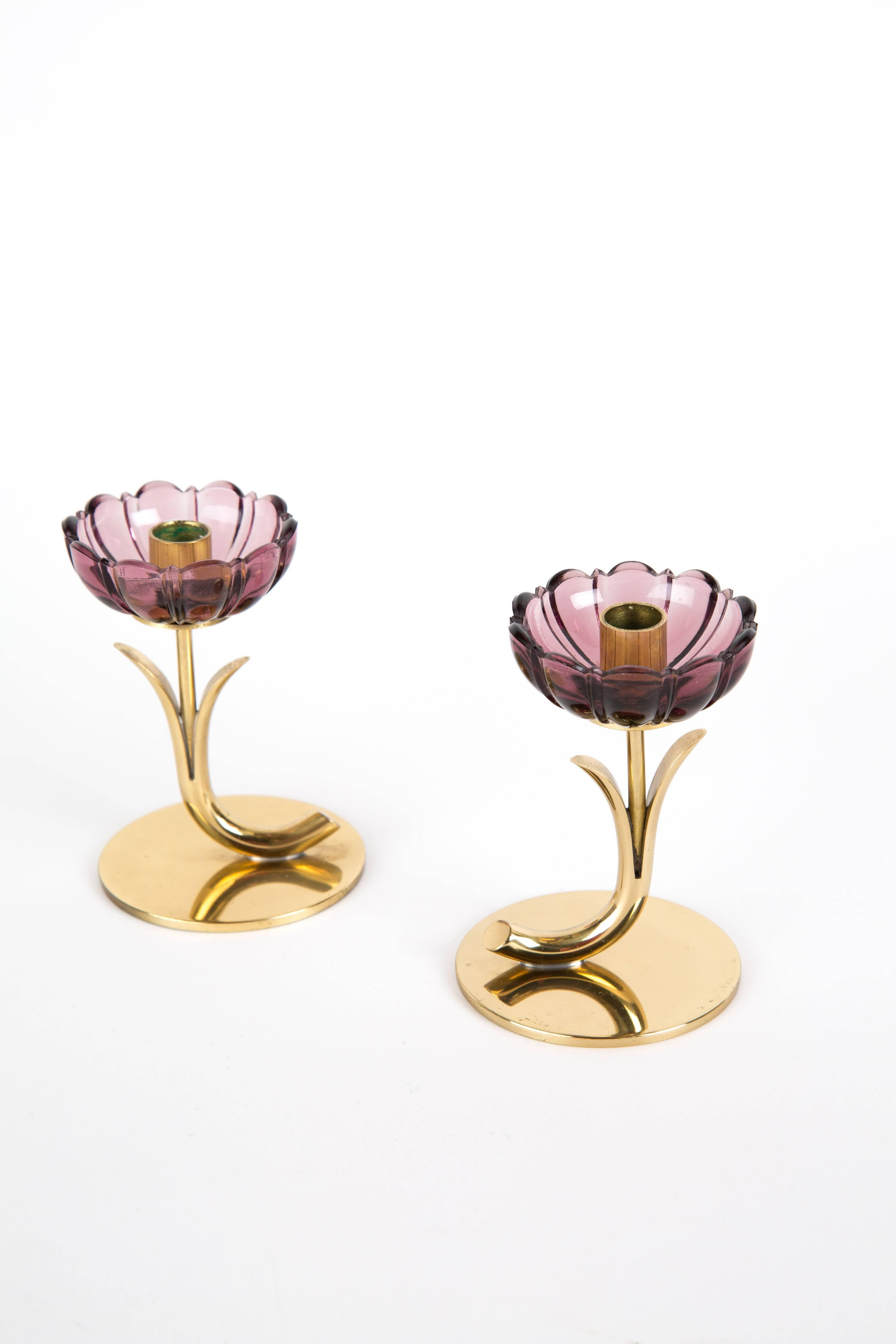 Scandinavian Modern Pair of Gunnar Ander Candleholder Dark Pink Flowerglass, Ystad Metall Sweden