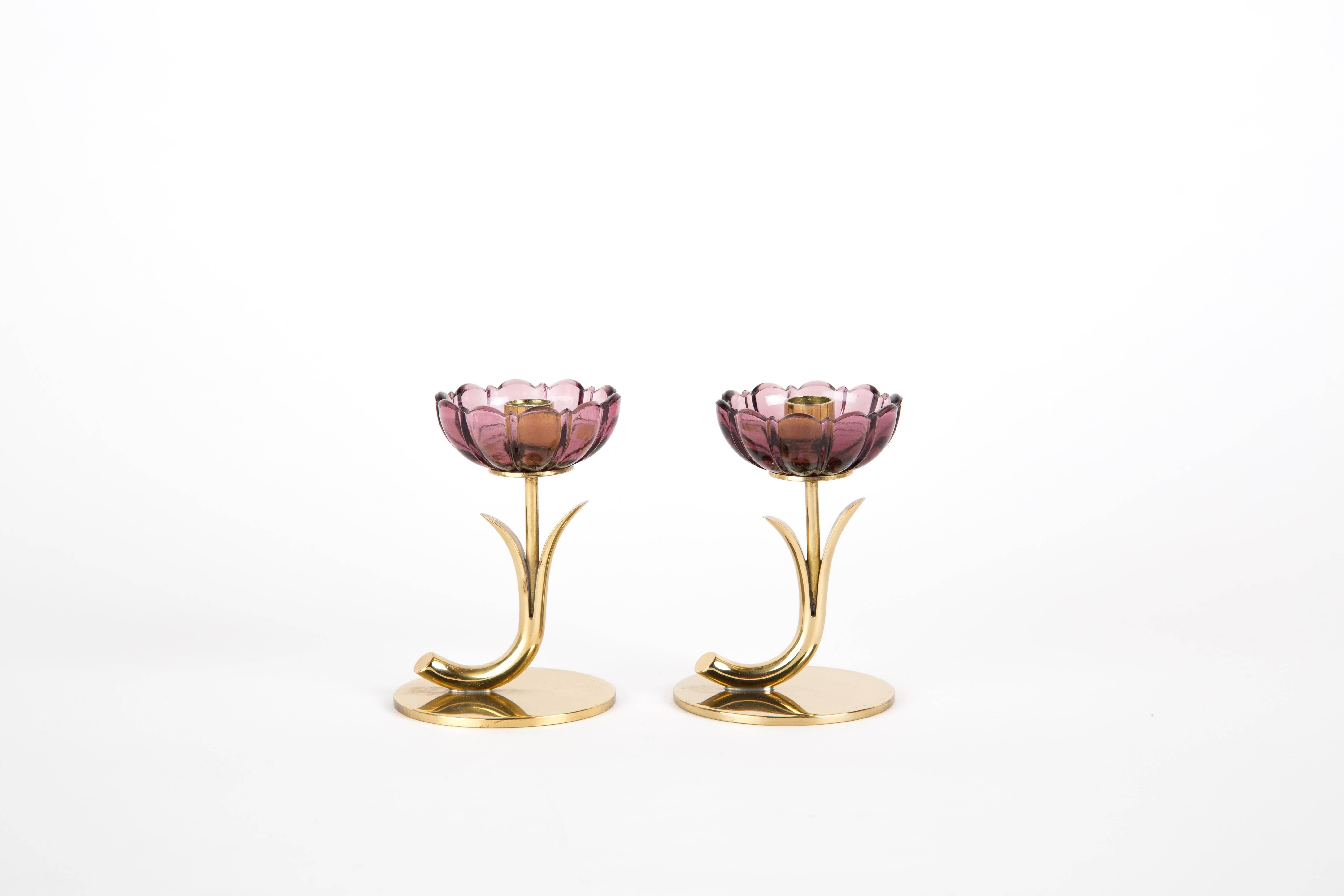 Swedish Pair of Gunnar Ander Candleholder Dark Pink Flowerglass, Ystad Metall Sweden
