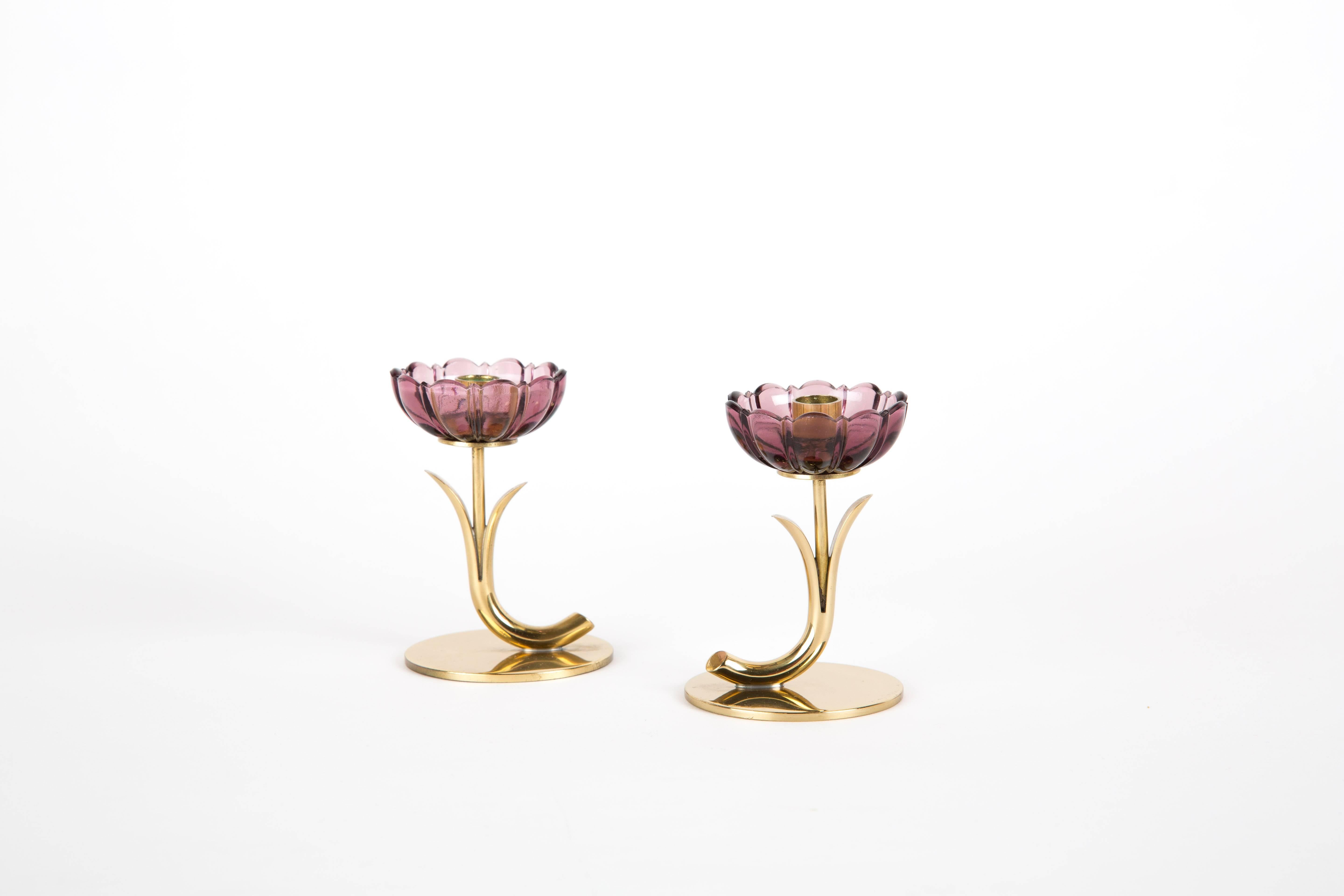 Pair of Gunnar Ander Candleholder Dark Pink Flowerglass, Ystad Metall Sweden In Good Condition In LA Arnhem, NL