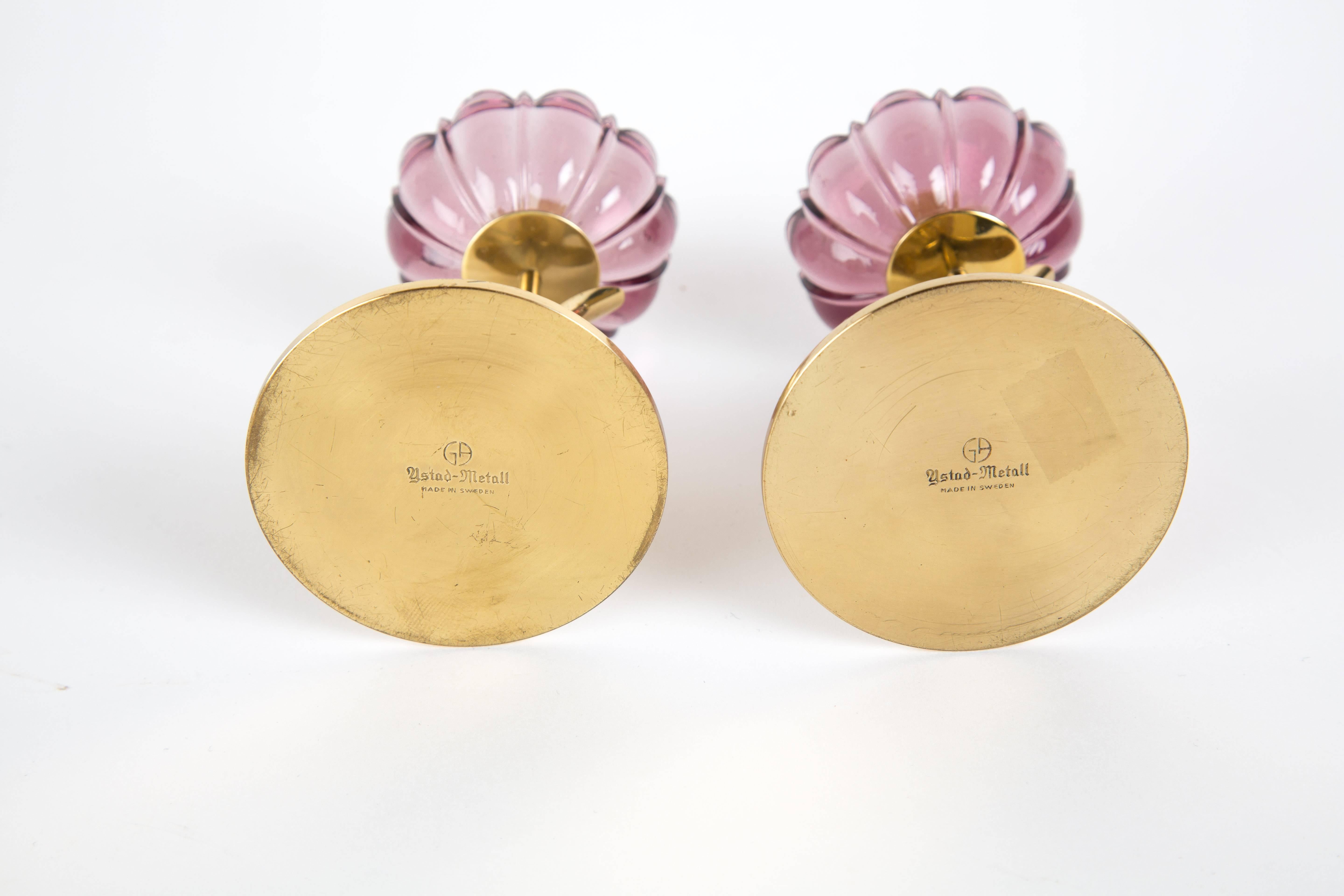20th Century Pair of Gunnar Ander Candleholder Dark Pink Flowerglass, Ystad Metall Sweden