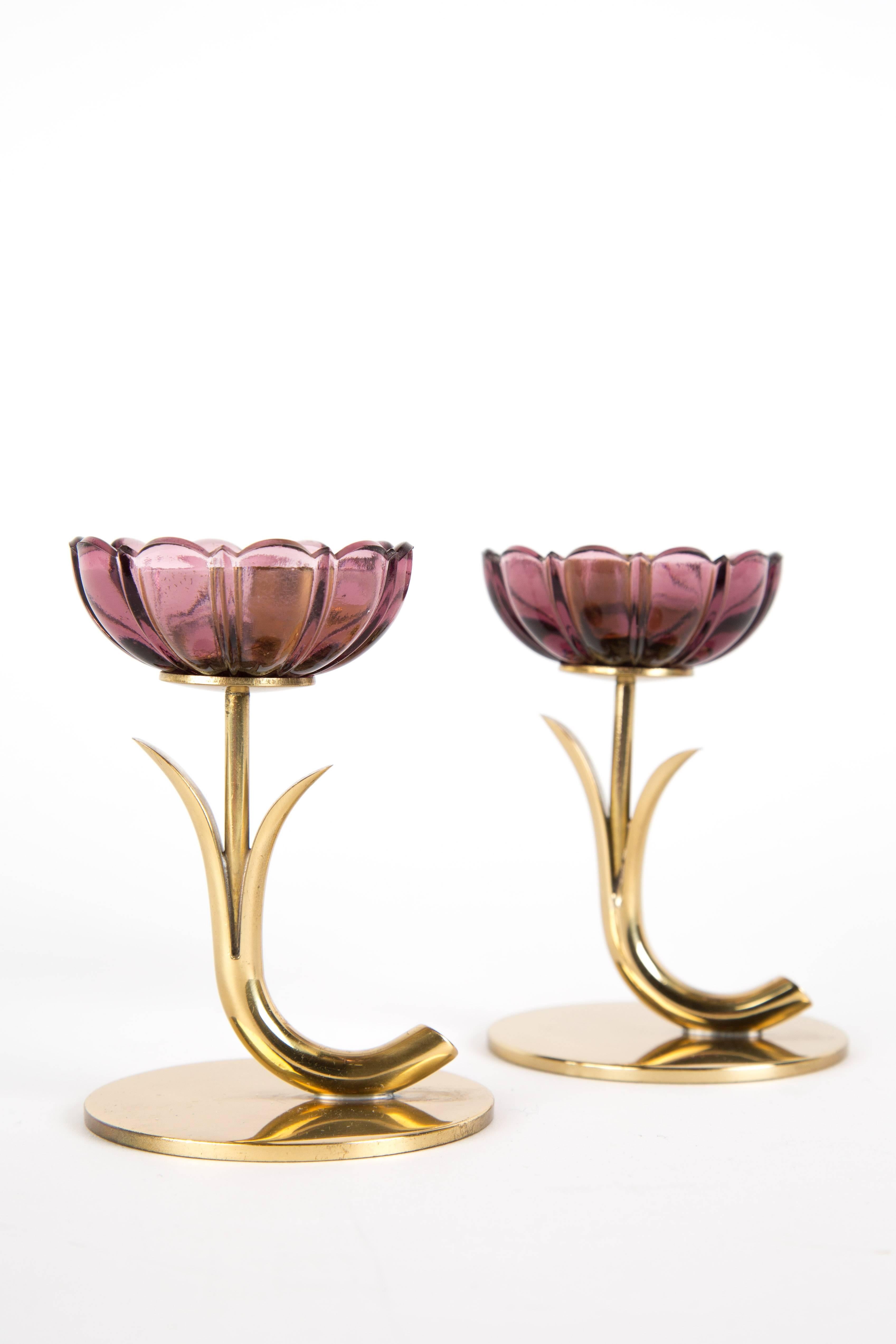 Brass Pair of Gunnar Ander Candleholder Dark Pink Flowerglass, Ystad Metall Sweden