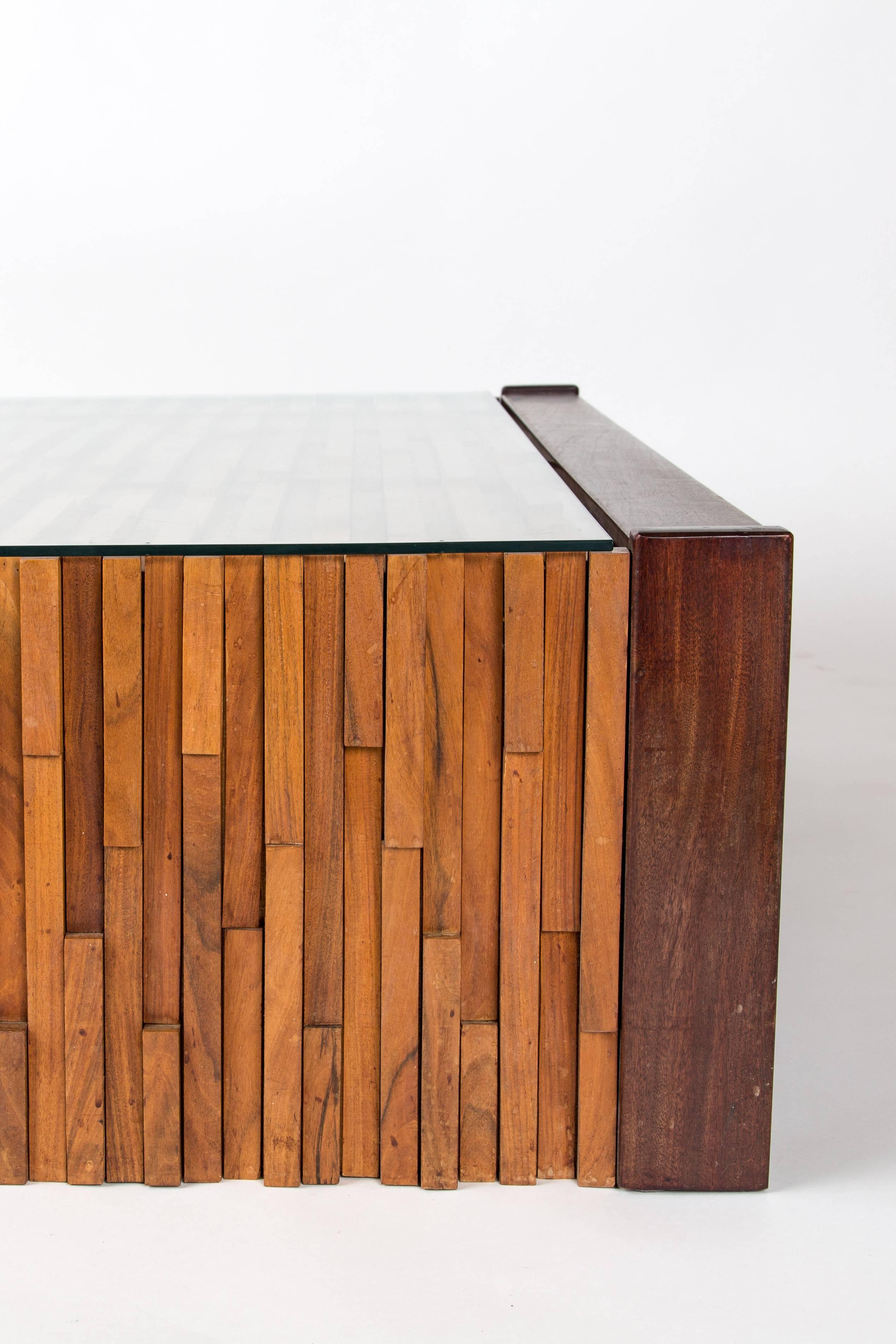 Brutalist PERCIFAL LAFER mixed tropical wood coffee table, Brazilian brutalist style 