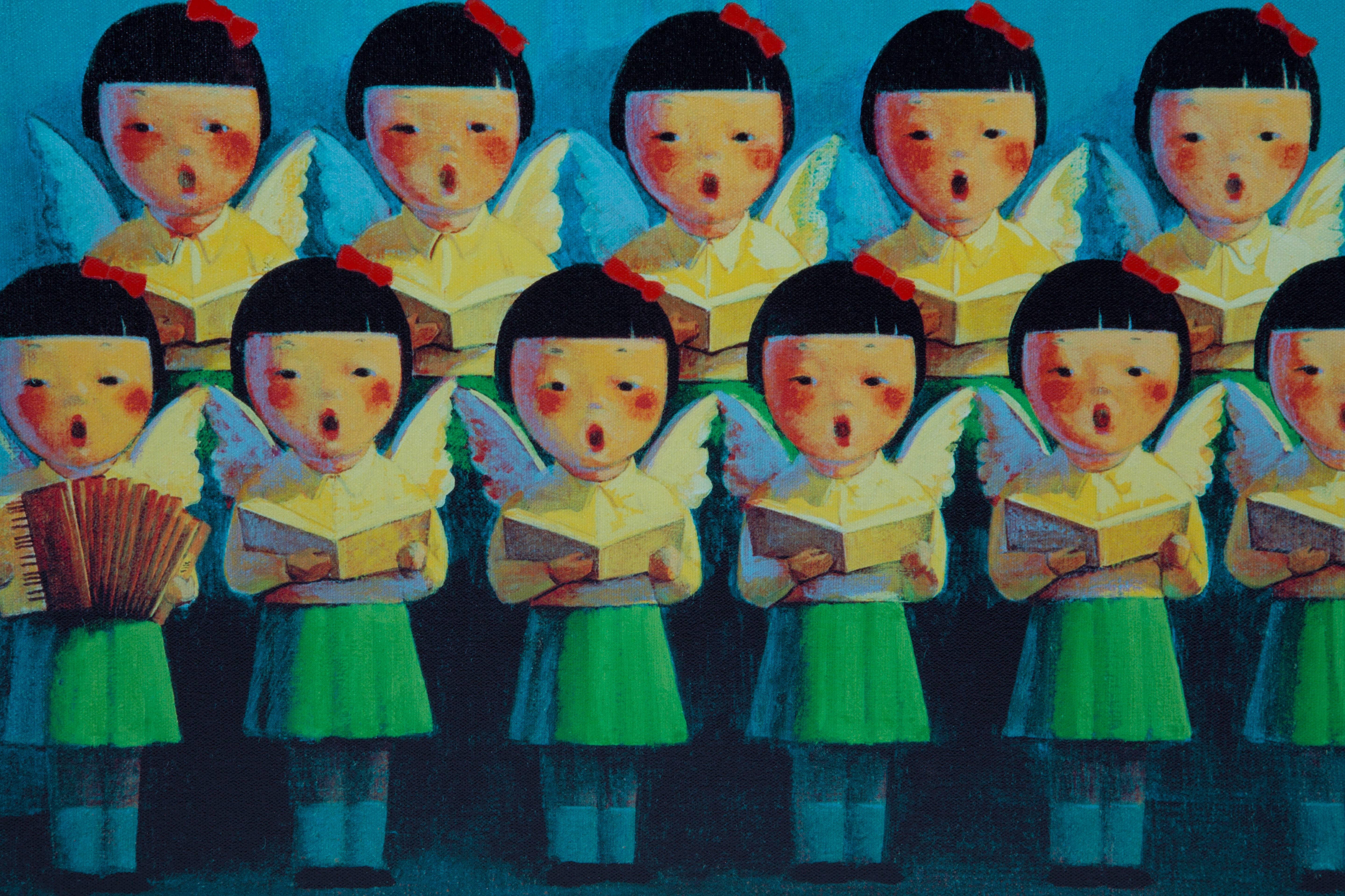 Liu Ye Choir. Silkscreen on canvas printed in the Netherlands in 2001. The red bow-ties are painted after printing by hand. Edition of 100. nr 37/100.
Liu Ye (Chinese 1964) has been fascinated by Dutch modern painters like Mondrian. He liked the