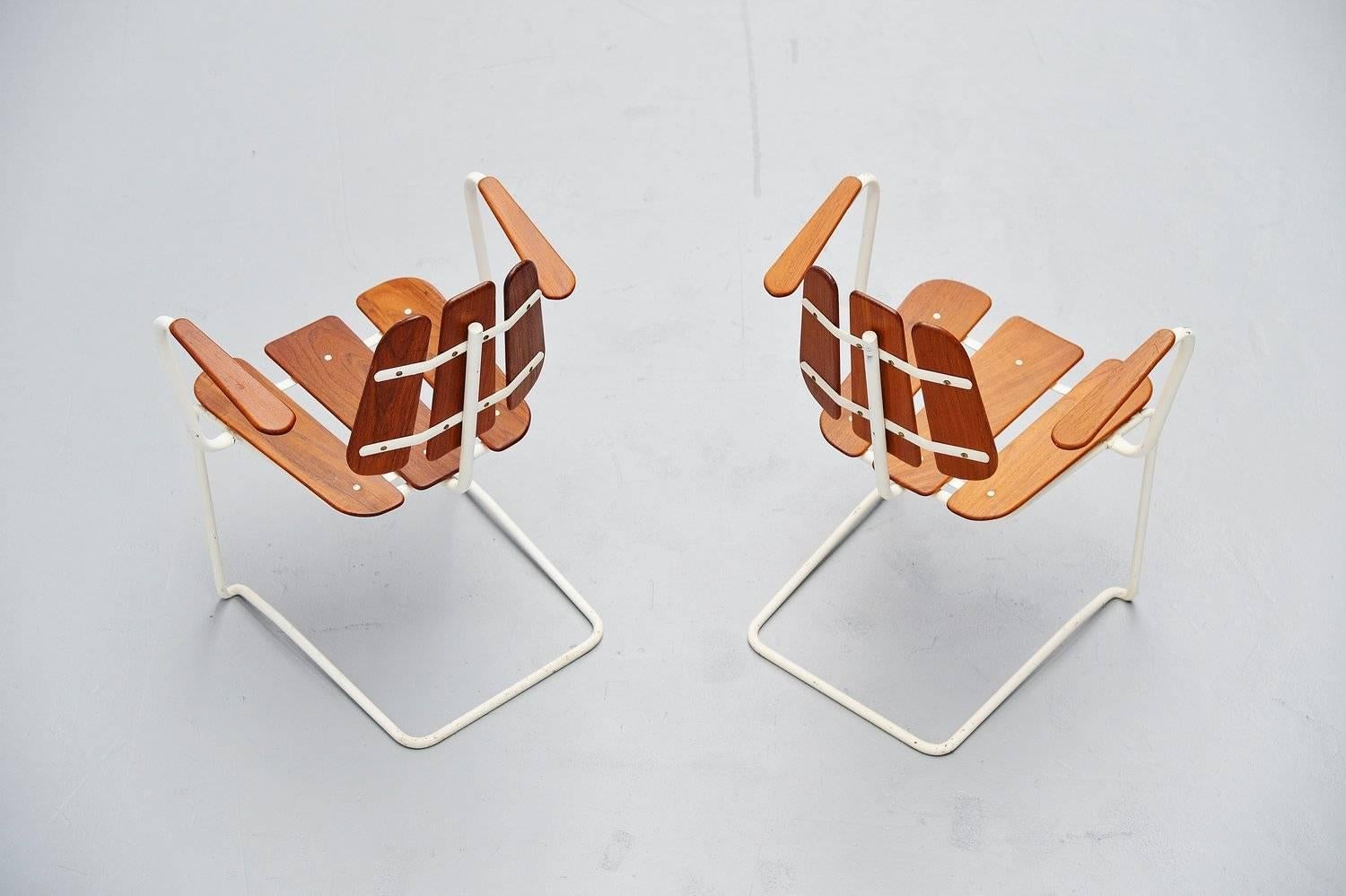 Lacquered Swedish Cantilevered Garden Chairs in Teak, 1960
