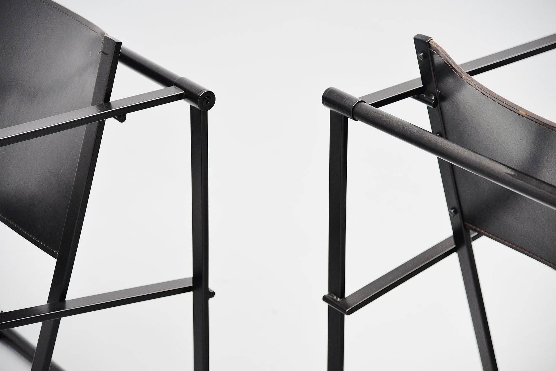 Fantastic set of cubic chairs, model FM61 designed by Radboud Van Beekum for Pastoe, Holland 1980. The chairs with black lacquered metal structure and black thick saddle leather have comfortable seating and very nice geometrical shaped