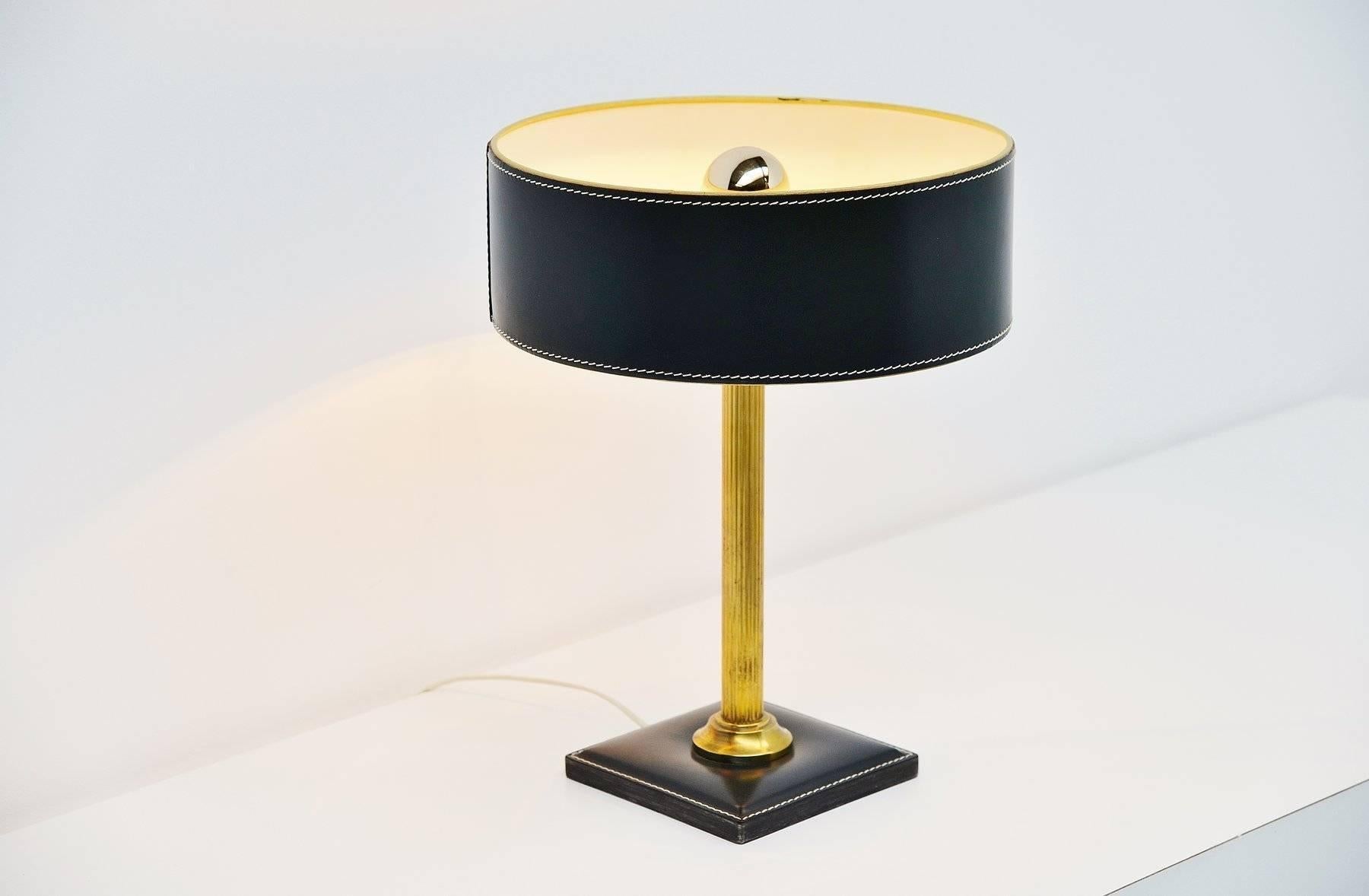 Brass Jacques Adnet Leather Clad Table Lamp, France, 1960