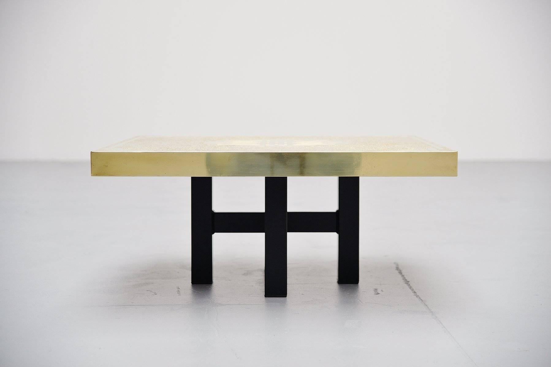 Very nice modern etched coffee table in brass by Elias Segura, Belgium, 1991. In the 1970s, 1980s and 1990s there were a lot of designers in Belgium and France who made these brass etched tables. Among them a few very well known such as Ado Chale,