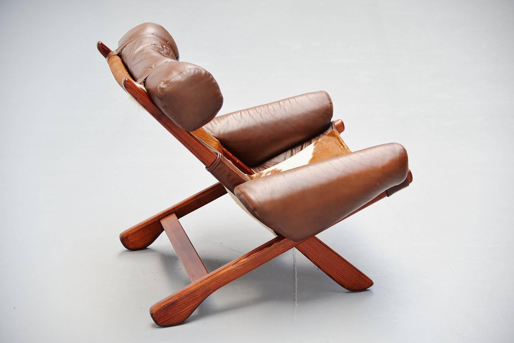 Brazilian Unusual Lounge Chair with Cow Skin Seat, Brazil, 1970