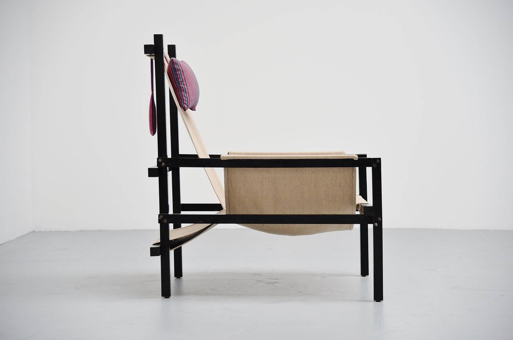 Very nice and unusual slat chair designed and made by unknown manufacturer, Holland, 1950. This chair was for sure inspired by several chairs designed by Gerrit Thomas Rietveld in de Stijl period. When I first saw this chair years ago I thought it