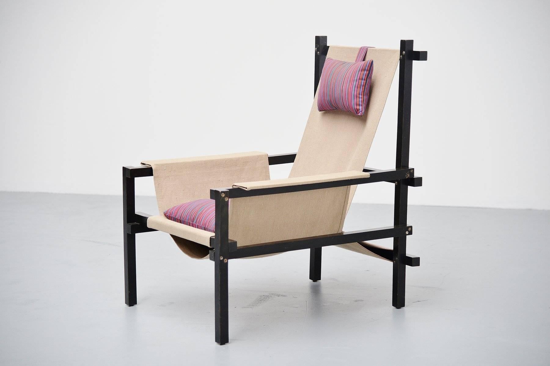 Gerrit Rietveld Style Slat Chair with Canvas, Holland, 1950 In Good Condition In Roosendaal, Noord Brabant