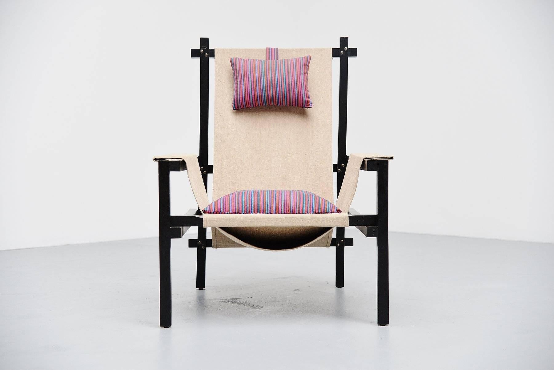 Beech Gerrit Rietveld Style Slat Chair with Canvas, Holland, 1950