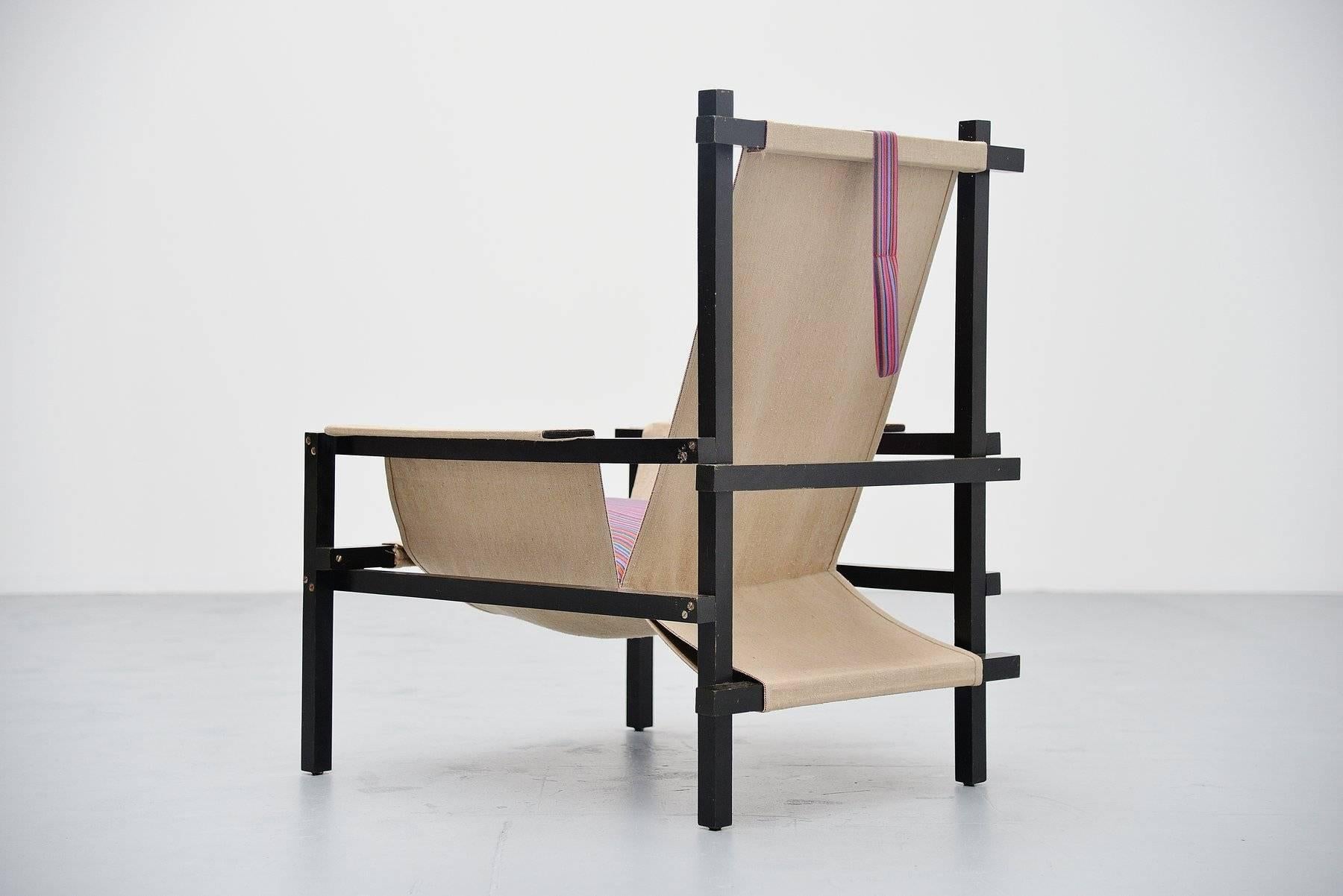 Mid-20th Century Gerrit Rietveld Style Slat Chair with Canvas, Holland, 1950