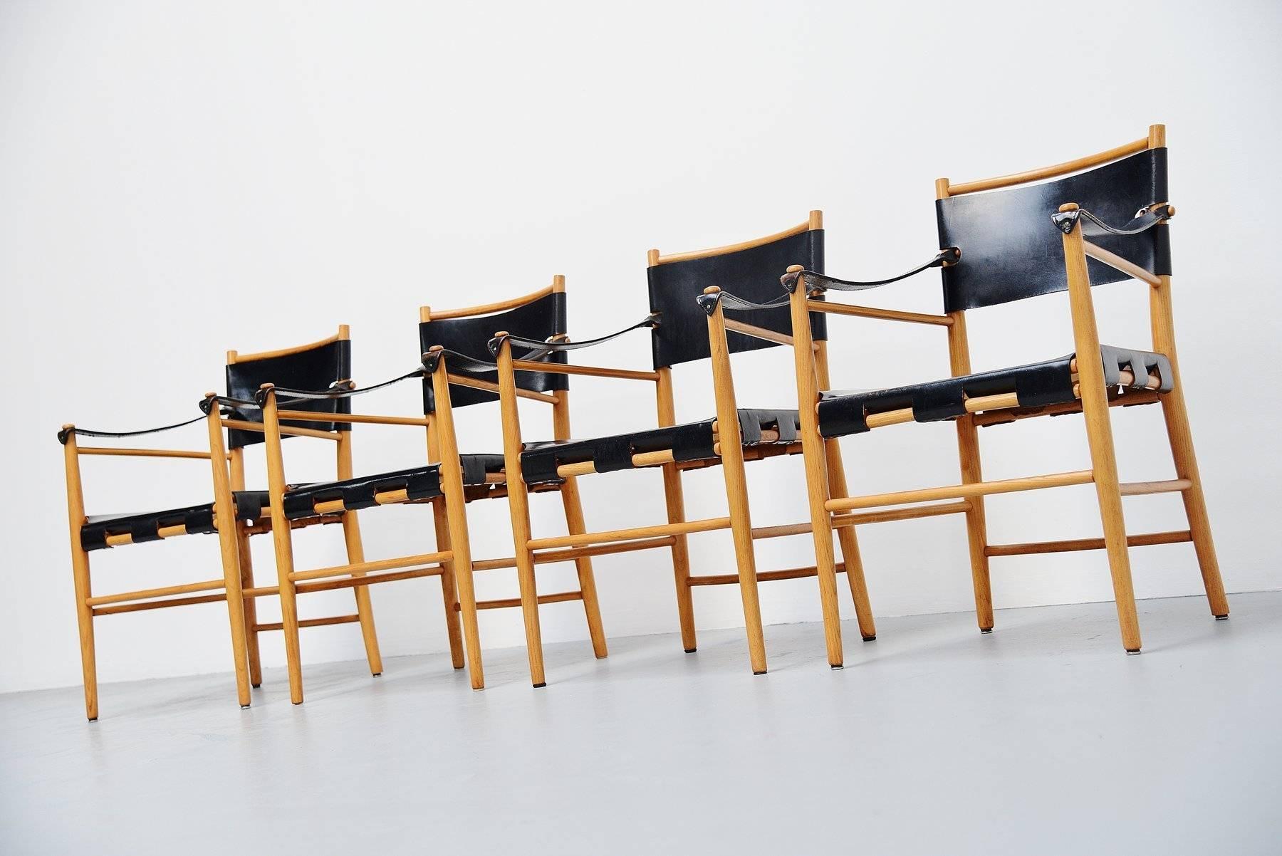 Mid-20th Century Italian Safari Chairs in Birch and Black Leather, 1960