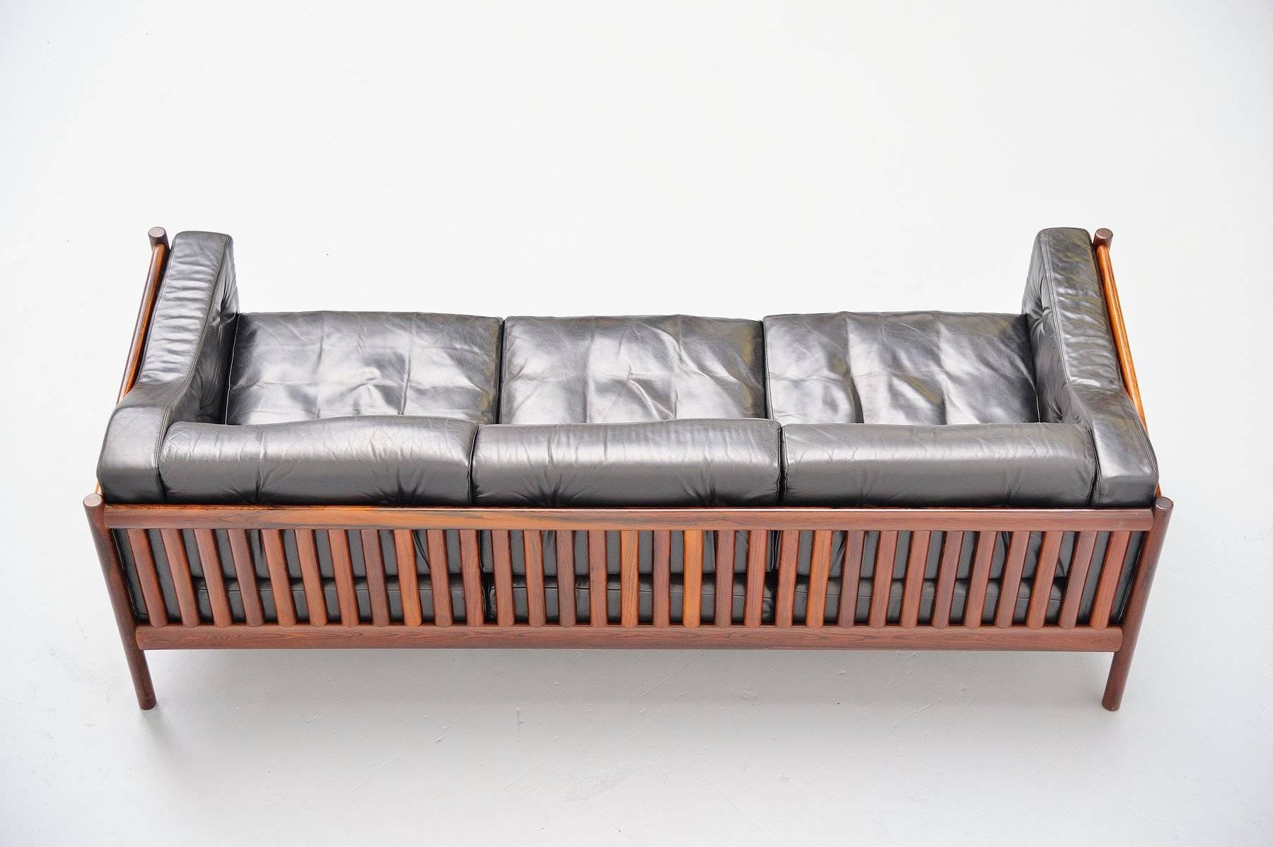 Danish Rosewood Leather Lounge Sofa, Denmark, 1960