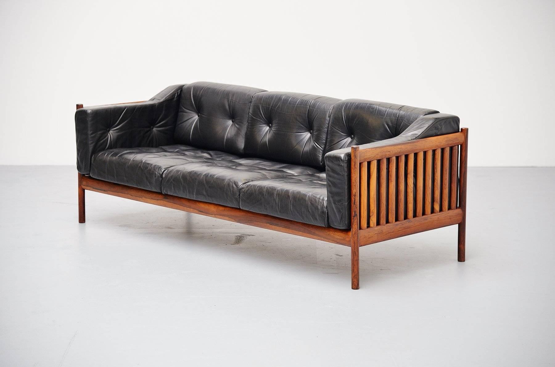 Mid-20th Century Rosewood Leather Lounge Sofa, Denmark, 1960