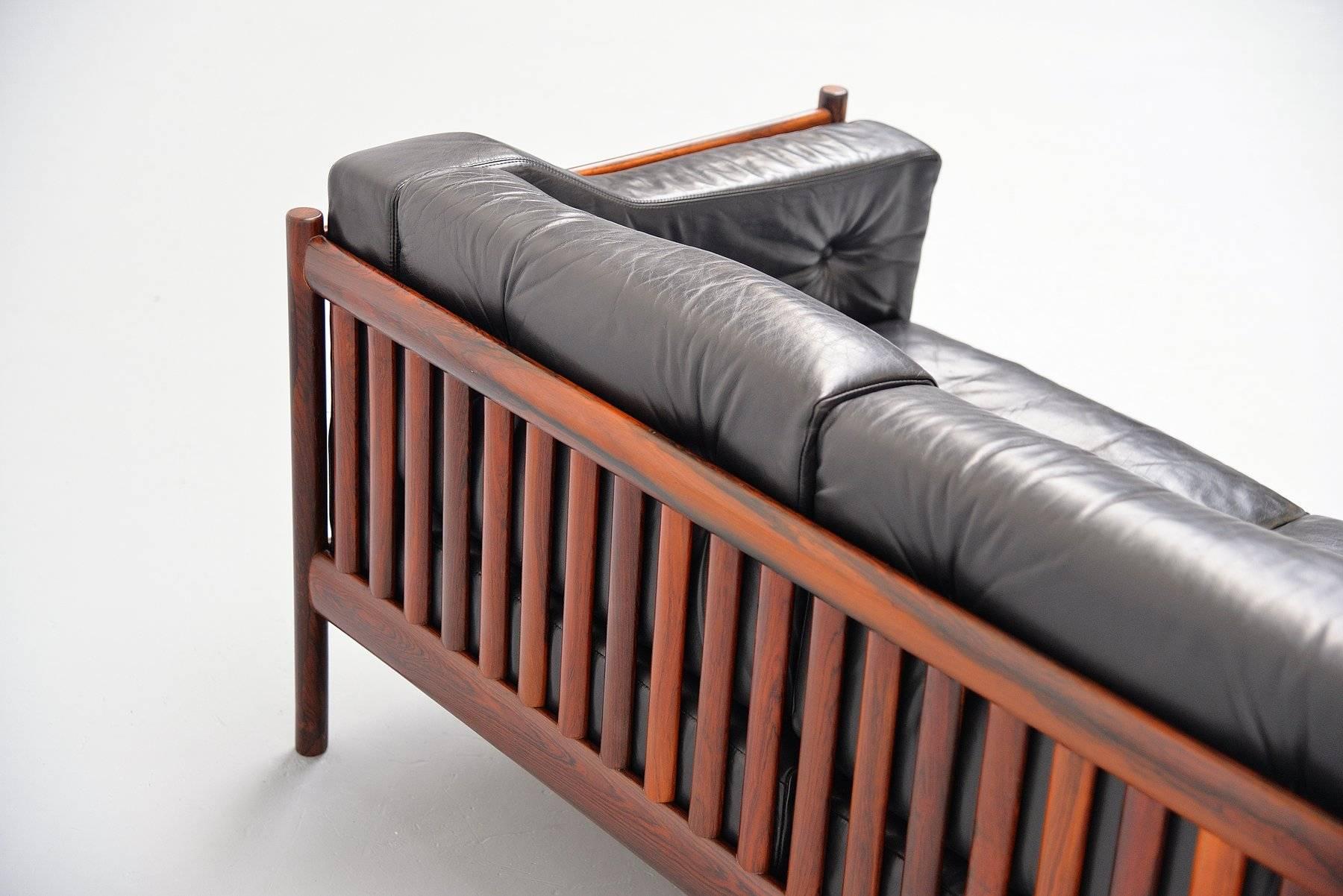 Rosewood Leather Lounge Sofa, Denmark, 1960 3