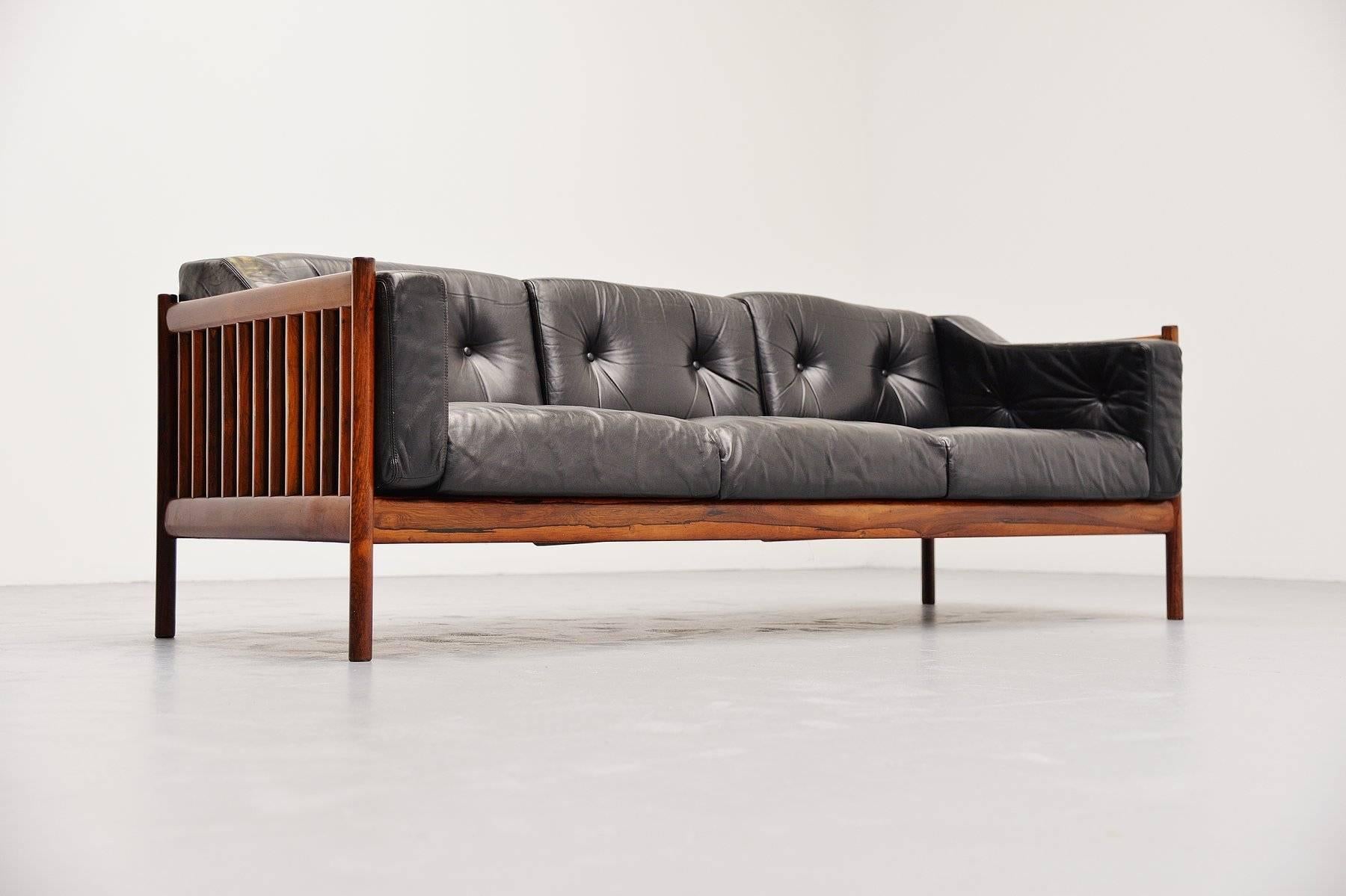 Rosewood Leather Lounge Sofa, Denmark, 1960 1