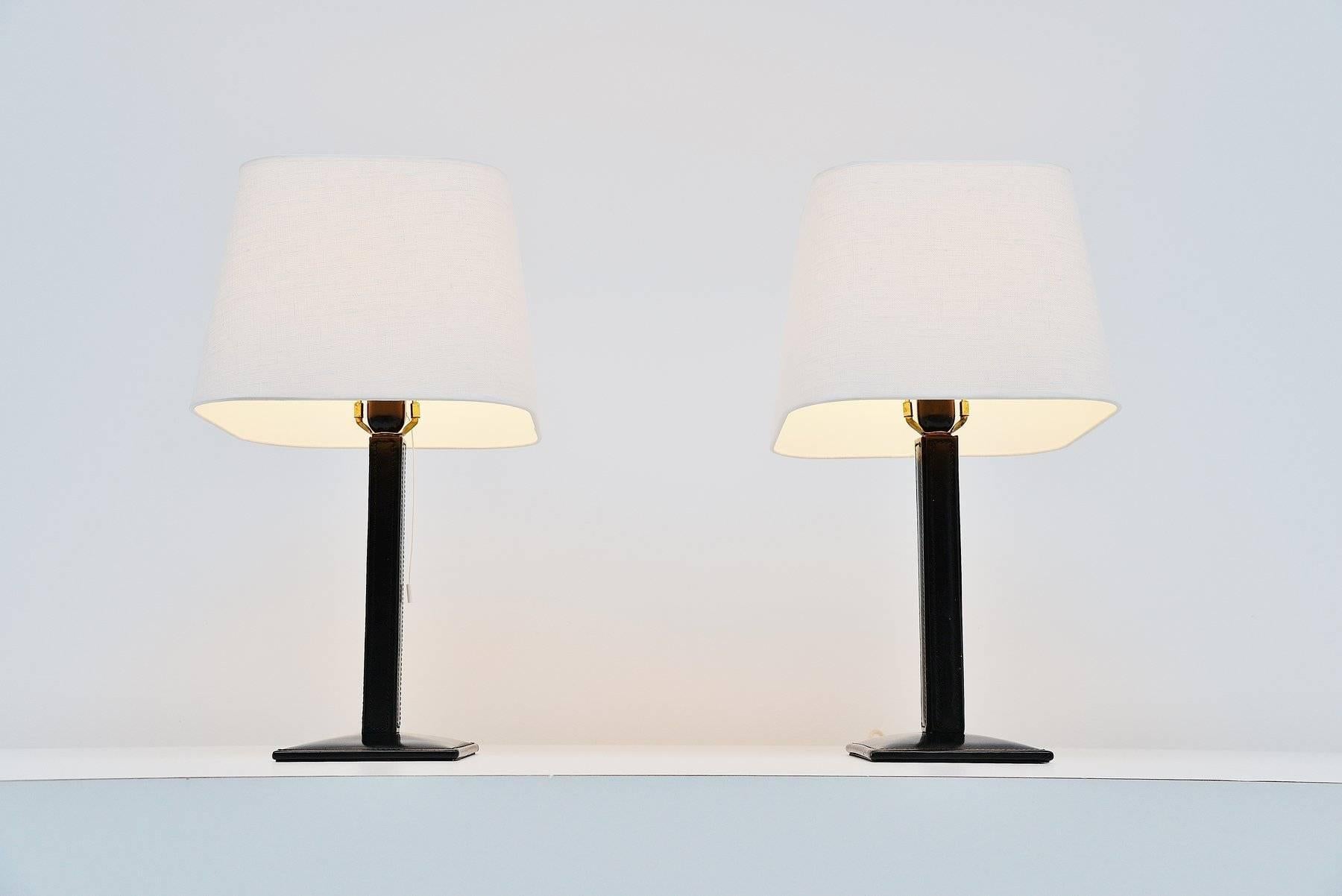 Brass Jacques Adnet Style Leather Table Lamps, France, 1960