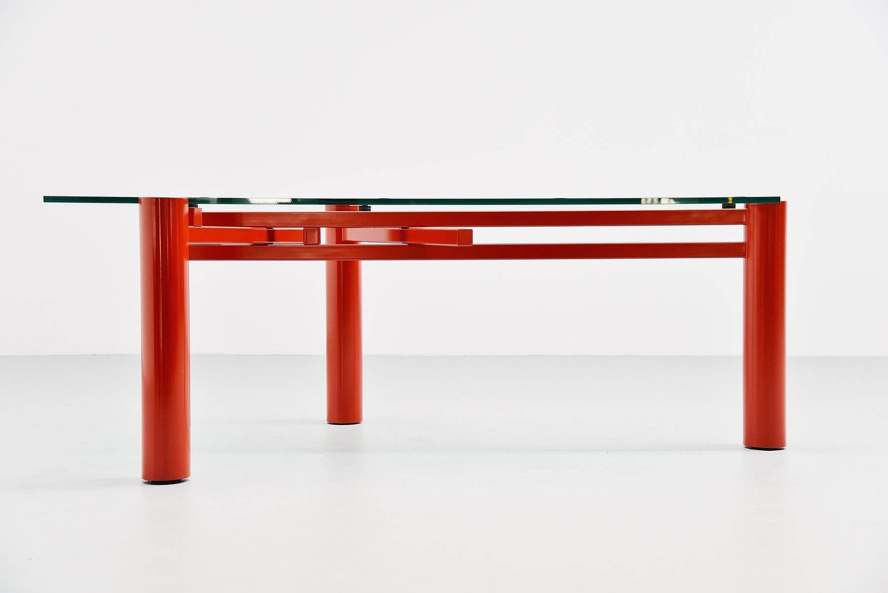 Super rare table designed by Christophe Gevers (1928-2007) produced by be. Classics, Belgium 2001. This extraordinary working table has an ingenious construction of 3 metal legs which slide in each other and create balance with the glass top on it