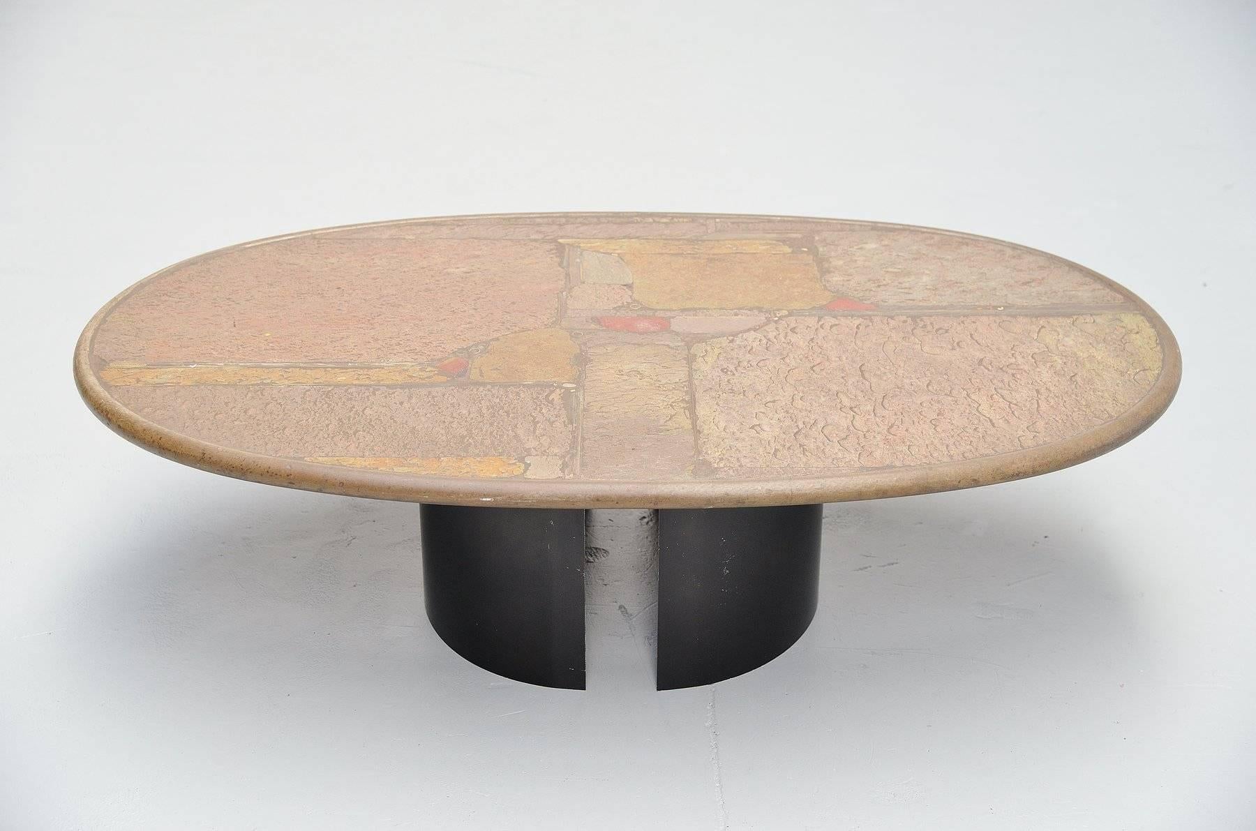 Very nice one off oval shaped coffee table designed and made by Paul Kingma, Holland 1993. Paul Kingma was well known for his architectural tables that pay a tribute to the riches of Nature by traveling extensively in search of rare materials,