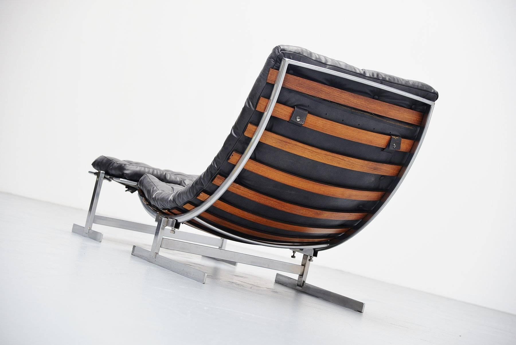 Leather Belgian Architectural Lounge Chair with Spine Back, 1970
