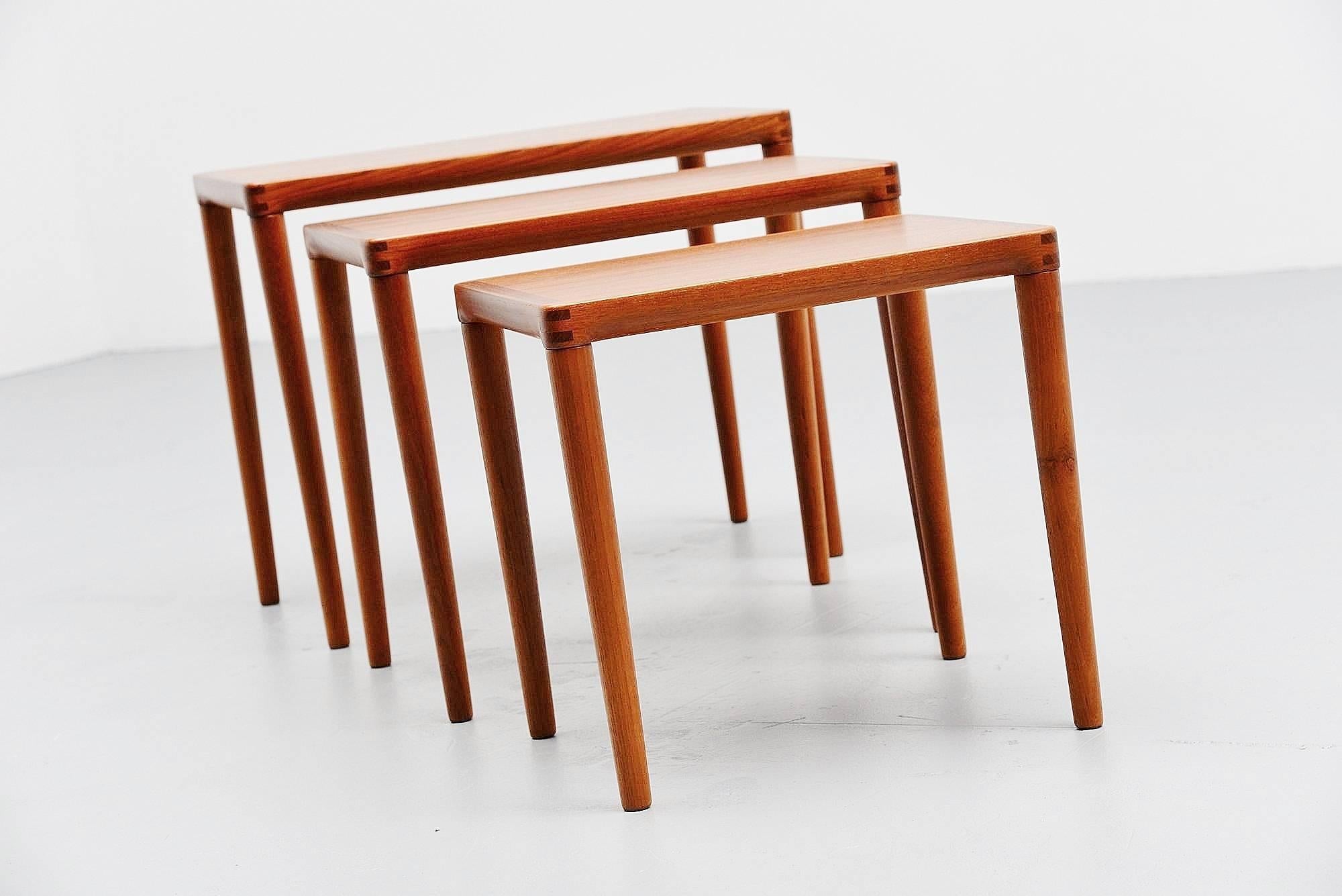 Very nice nesting table set made and designed by Bramin, Denmark, 1965. The tables are made of solid teakwood and have very nice dovetail connections on the corners which are used in several furniture made by Bramin. The tables look great and are