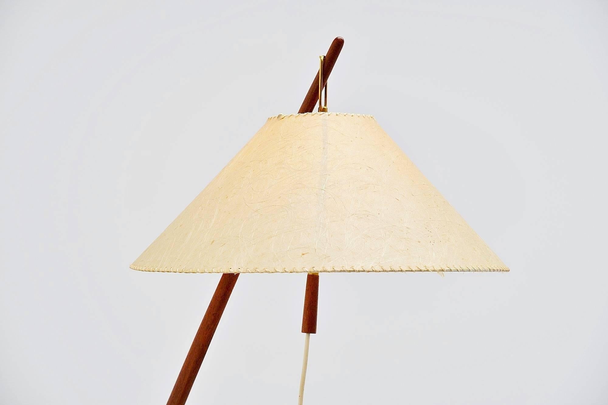 Very nice and rare floor lamp designed by J.T. Kalmar, manufactured by Kalmar Werkstatten, 1947. This is a very nice and early example as some of the Kalmar lamps are back into production. The shades height can be changed using the brass hooks at